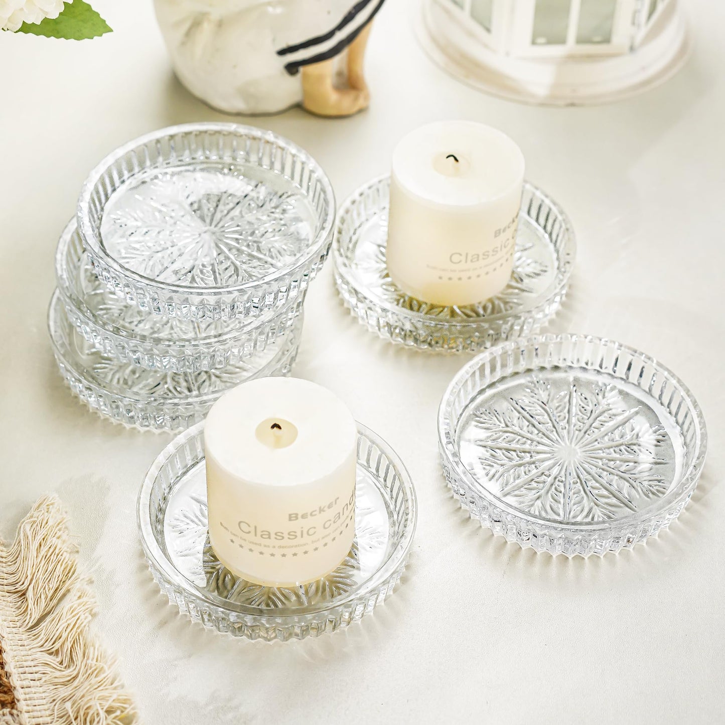 kanpura 3.5 Inch Crystal Glass Candle Plates Round Votive Candle Holder Plates Clear Glass Candle Trays for Home Christmas Winter Party Decor(Set of 6)