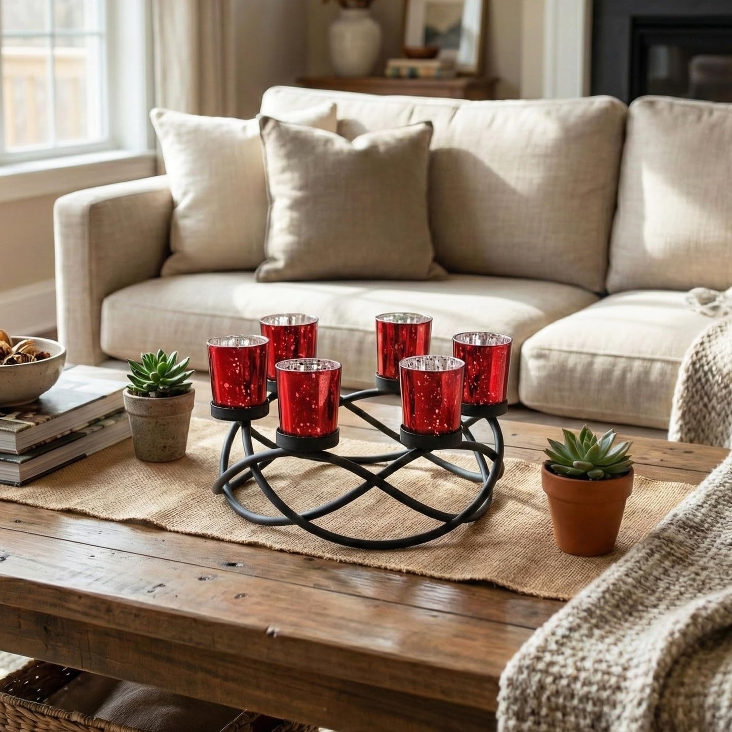 Seraphic Centerpieces for Table Decorations - Round Candle Holders for Outdoor Patio, Dining, Kitchen, Coffee & Wedding Table Decor, Black Iron Candelabra, 6 Red Glass Votive Tealight Cups