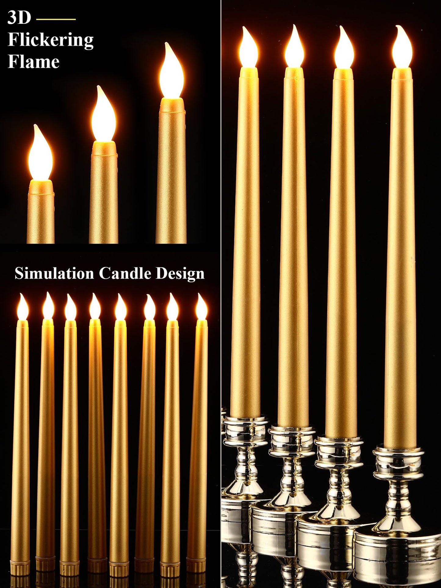 Funtery 48 Pcs Flameless LED Taper Candles Battery Operated Candles Bulk Realistic LED Candlesticks Flickering for Wedding Church Graduation Party Home Decor(Gold,Classic Style)