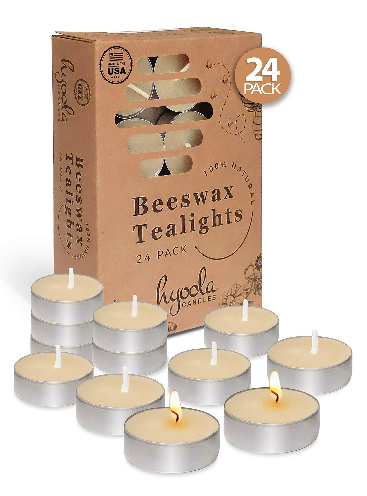 HYOOLA White Beeswax Tealight Candles in Aluminum Cup - 24 Pack - 100% Pure Natural Beeswax Candles
