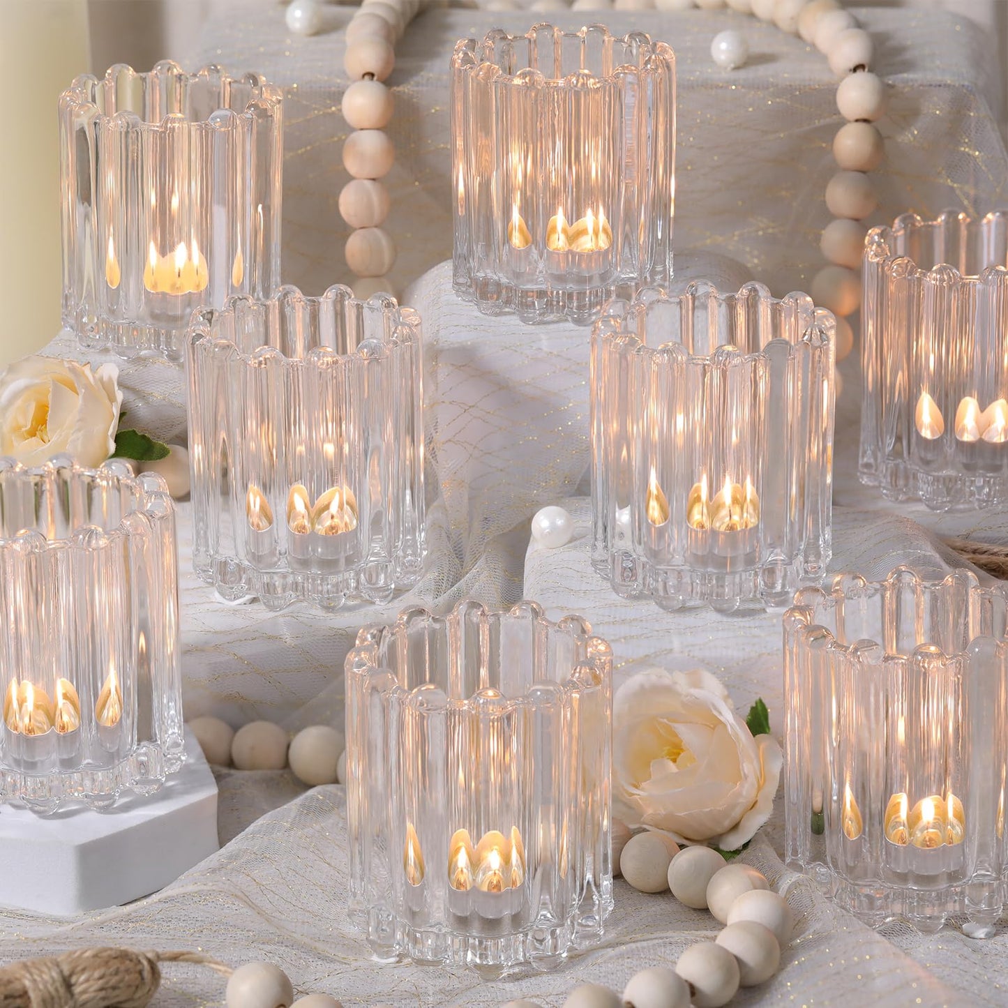 HAVITI Glass Clear Votive Candle Holder, Ribbed Votive Candle Holders Set of 12, Tealight Candle Holder for Wedding Centerpieces Dinner Party Table Decor
