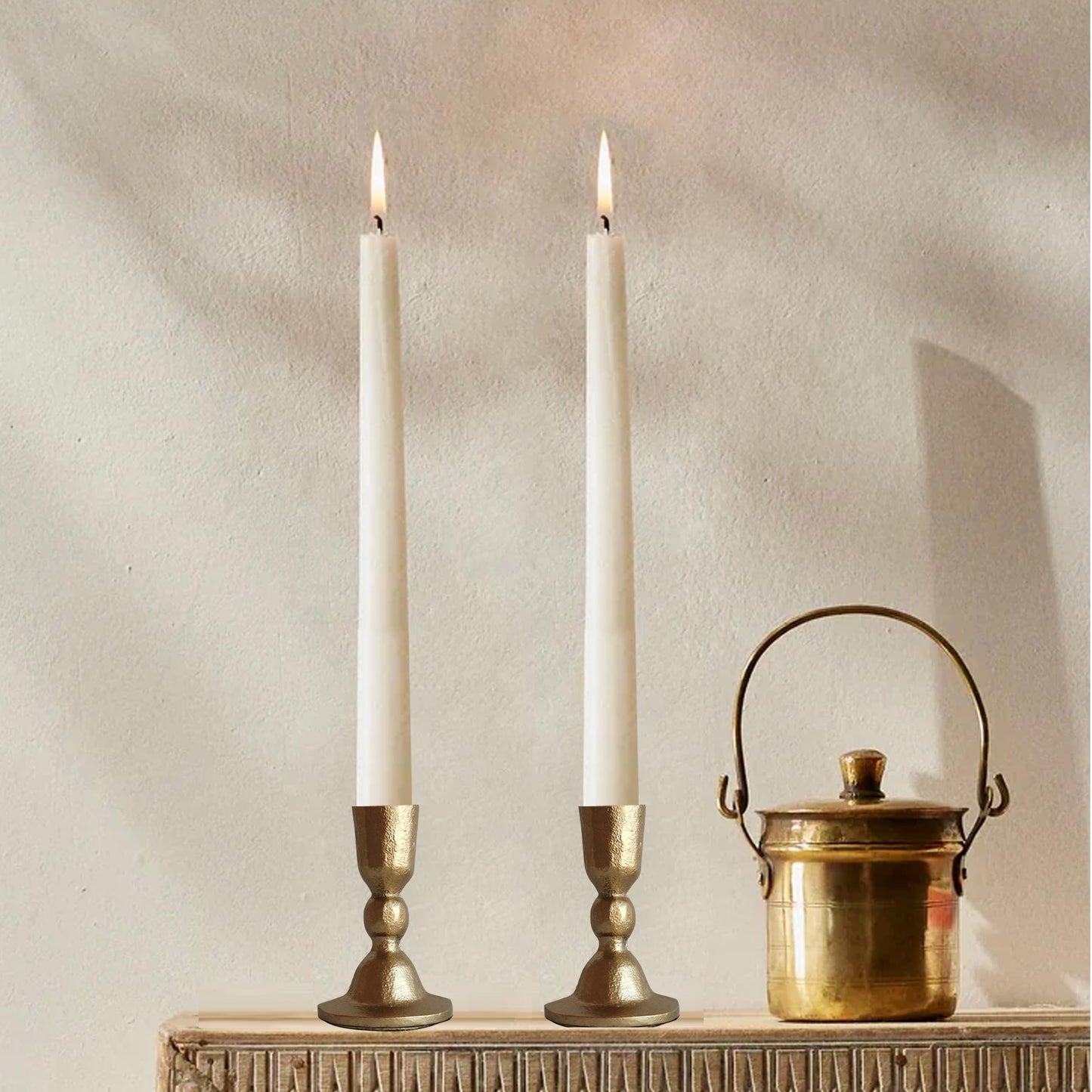 Antique Brass Iron Taper Candle Holders - Candlestick Holder for Weddings, Dining, and Parties, Candle Stand Set of 2