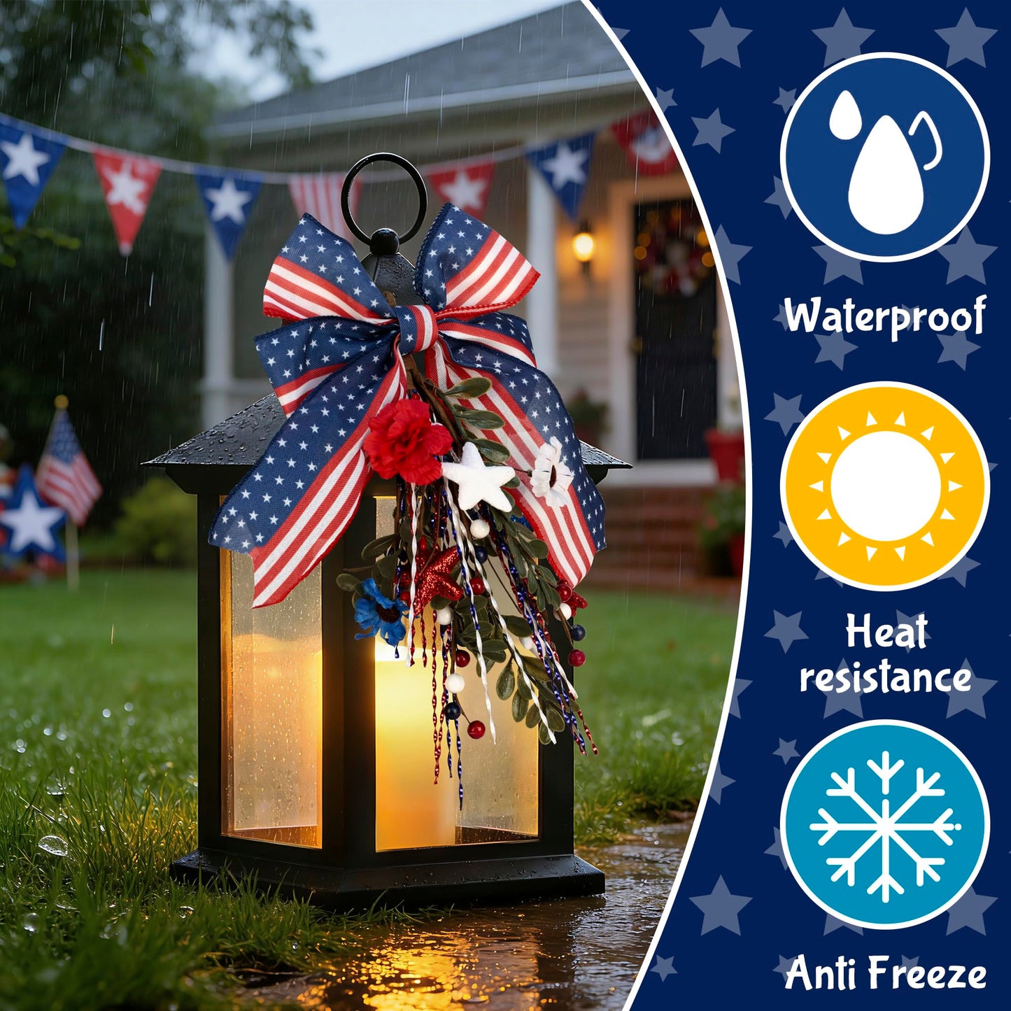 JOHUNT Patriotic Lanterns Decorative Indoor, 14" Black Lantern with Timer Flameless Candle, Battery Operated Waterproof Outdoor Hanging 4th of July Lanterns for Porch, Patio, Patriotic Decorations