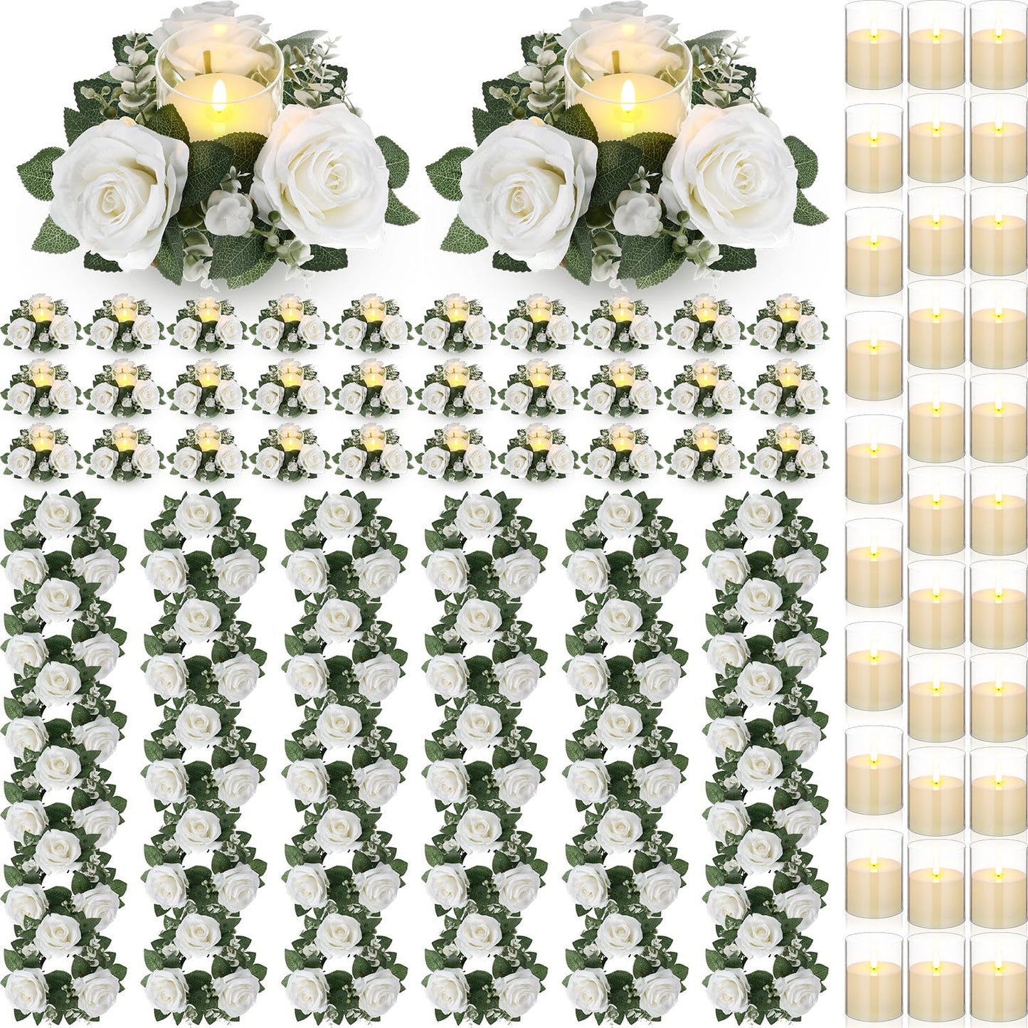 Yunlly 32 Pcs Rose Candle Rings with Flameless Candles Sets, Artificial Flower Eucalyptus Wedding Centerpiece 3 Inch Pillar Candleholders Wreaths for Wedding Party Mother's Day (White)