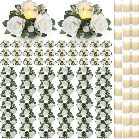 Yunlly 32 Pcs Rose Candle Rings with Flameless Candles Sets, Artificial Flower Eucalyptus Wedding Centerpiece 3 Inch Pillar Candleholders Wreaths for Wedding Party Mother's Day (White)