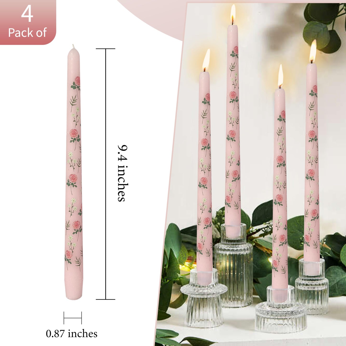Rose Printed Taper Candle Smokeless- 4 Pack Handmade Pink Taper Candle - Dripless Uncented Candle 10 inches Long Flower Printed Tapered Candles for Mother's Day Home Wedding Restaurant Holiday Decor