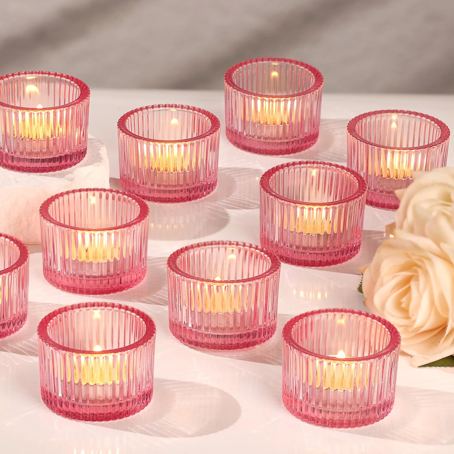 Lanttu Pink Tealight Candle Holder Set of 12, Small Votive Candle Holders for Table Centerpiece,Glass Tea Light Candles Holder for Party&Home,Wedding Decor(2''Dia*1.4''H)