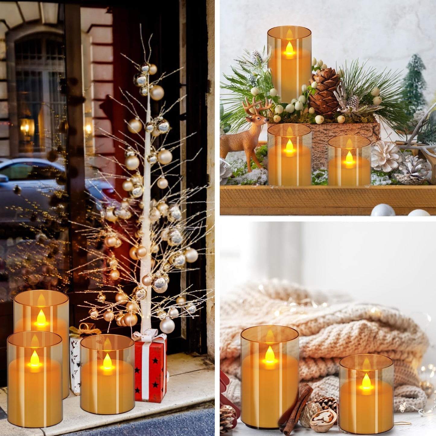 wemarry Flameless Candles 4" 5" 6" Acrylic Glass Pillars 3" Diameter Battery Operated Flickering Candles Include 8-Key Remote with Timer Function 400+ Hours (Amber, Warm Light 3 Pack)