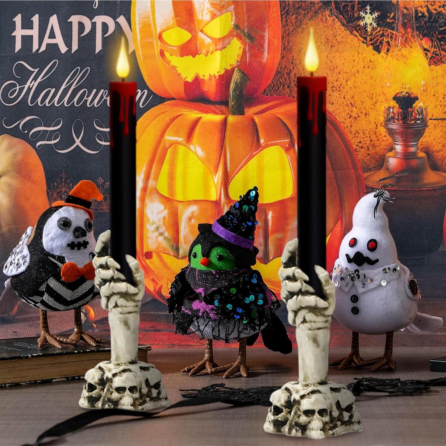 Eldnacele Halloween Flameless Taper Candle Lights Battery Operated with Remote and Timer, 2 Pack Skeleton Hand Holders Black Dripping Wax Effect LED Flickering Candles Home Decor(3” x 12”)