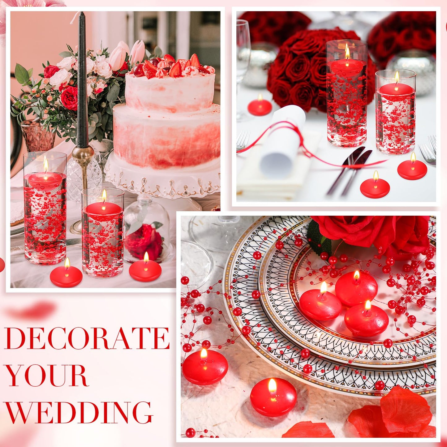 Fumete 40 Pcs Red Floating Candles with Pearl Strings for Wedding Centerpieces, Radiant Unscented Water Floating Tealights for Romantic Dinner, Party, Anniversary Decor