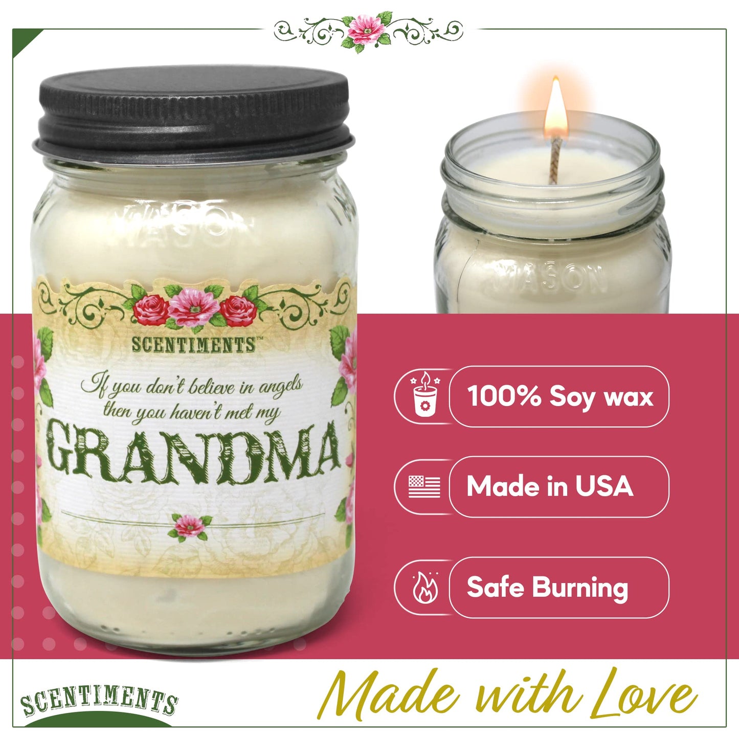 Scentiments Grandma Gift Candle Vanilla Scented Fragrance 16oz Grandma Gifts for Birthday Christmas Grandma Gift 100% Soy Wax - 80+ Hours Burn Time Nika's Home Soy Candles Highly Scented