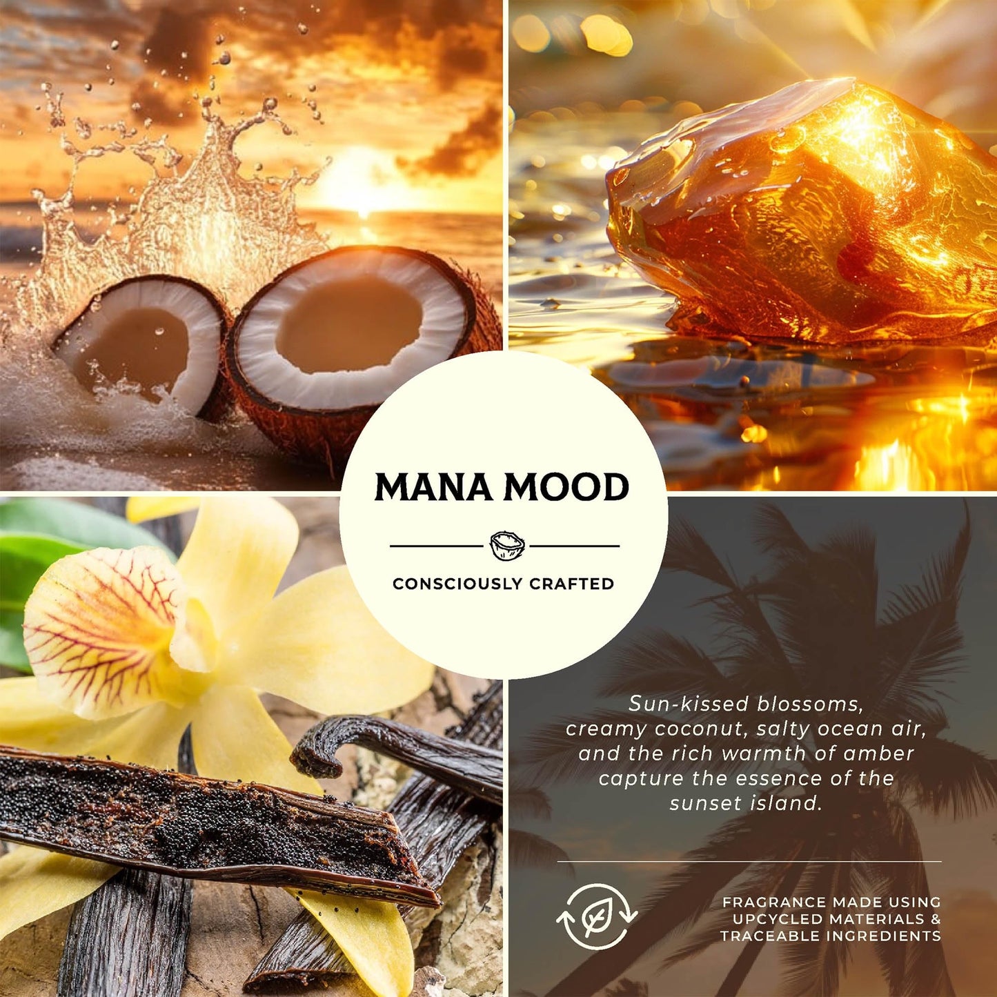 Mana Mood Sunset Island Scented Candles, Coconut & Pineapple, 9oz Large Wood Wick Candle, Soy Wax Table Torch, 60 Hours of Burn Time, Ideal Holiday Gifts for Men and Women, Perfect Summer Fragrance.
