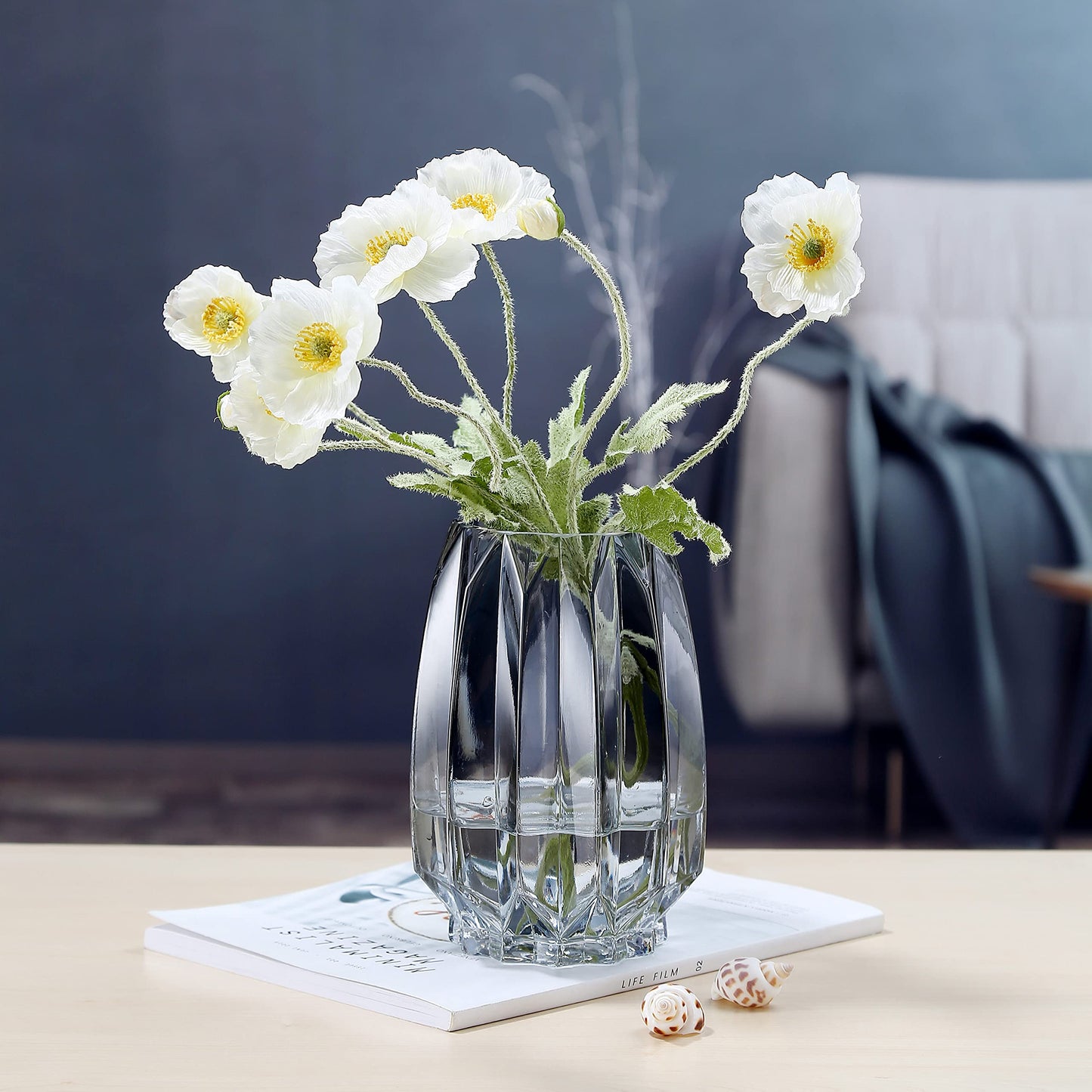 Lucky Bird Modern Black Grey Ribbed Glass Vase for Flowers, Candles and Decorative Accents - Tall/Short Glass Vase for Centerpieces Home Table Decor(Grey H7.87in)