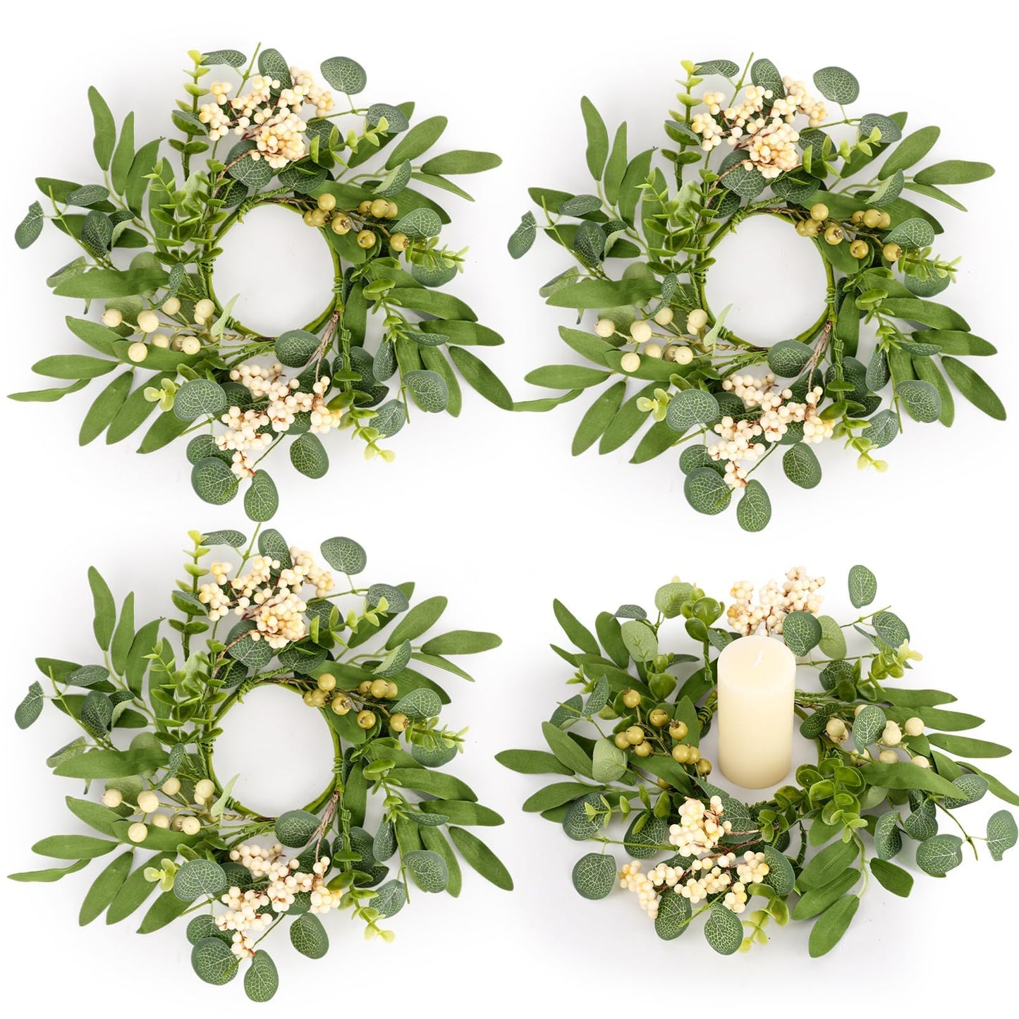 4 Pcs Green Eucalyptus Candle Rings Wreaths Spring Summer Kitchen Cabinet Wreaths Mini Green Berry Leaves Candle Wreath for Pillars Farmhouse Festival Wedding Celebrations Tabletop Decoration