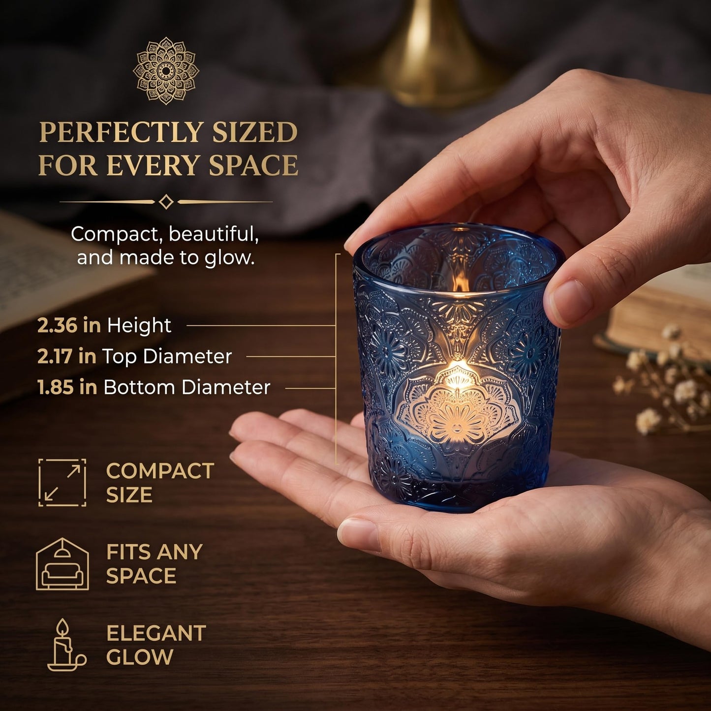 12 Pack Mandala Embossed Glass Candle Holders – Votive Tealight Holders with Patent Design, Decorative Embossed Glass Cups for Wedding Centerpieces, Parties, and Home Décor (Ocean Blue)