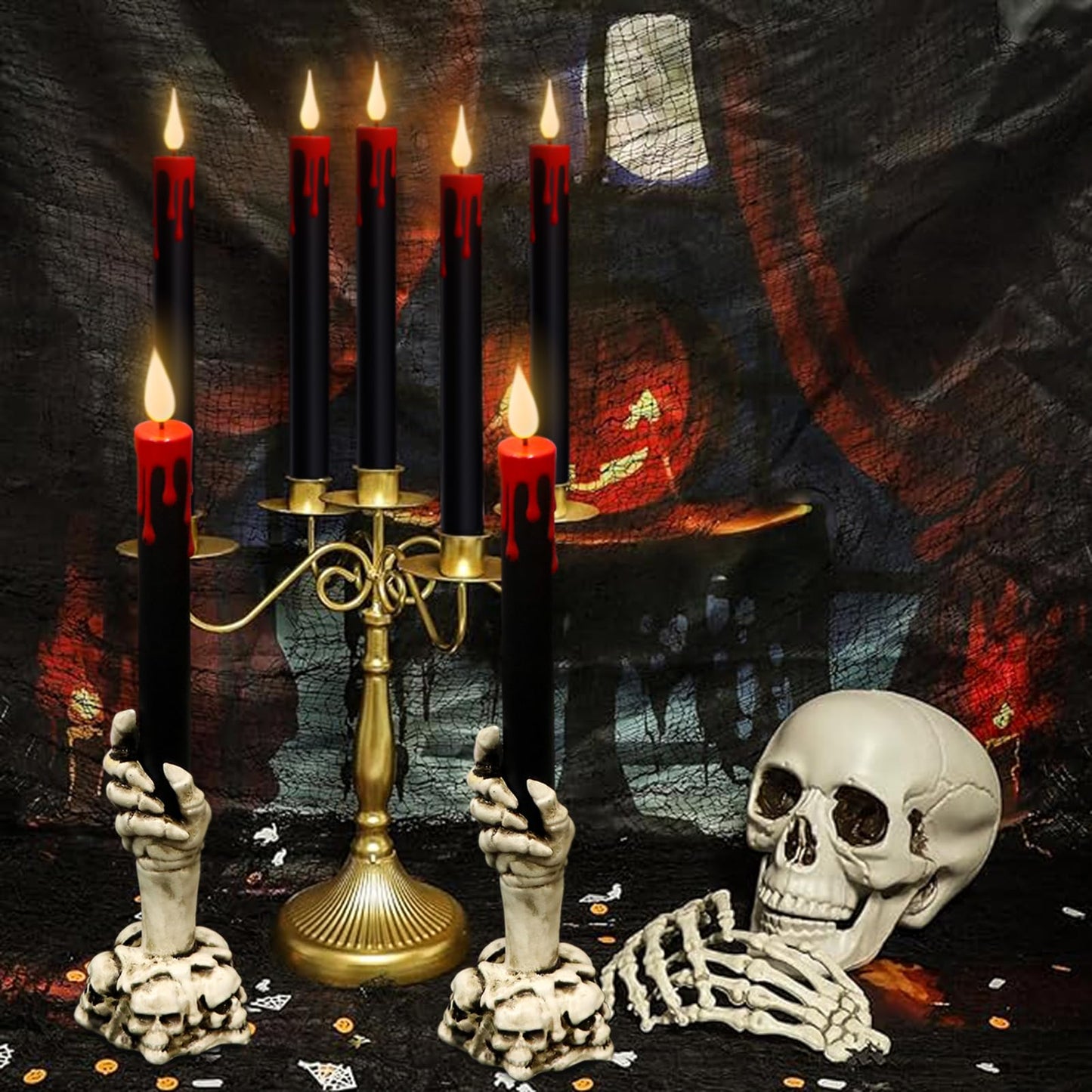 Eldnacele Halloween Flameless Taper Candle Lights Battery Operated with Remote and Timer, 2 Pack Skeleton Hand Holders Black Dripping Wax Effect LED Flickering Candles Home Decor(3” x 12”)