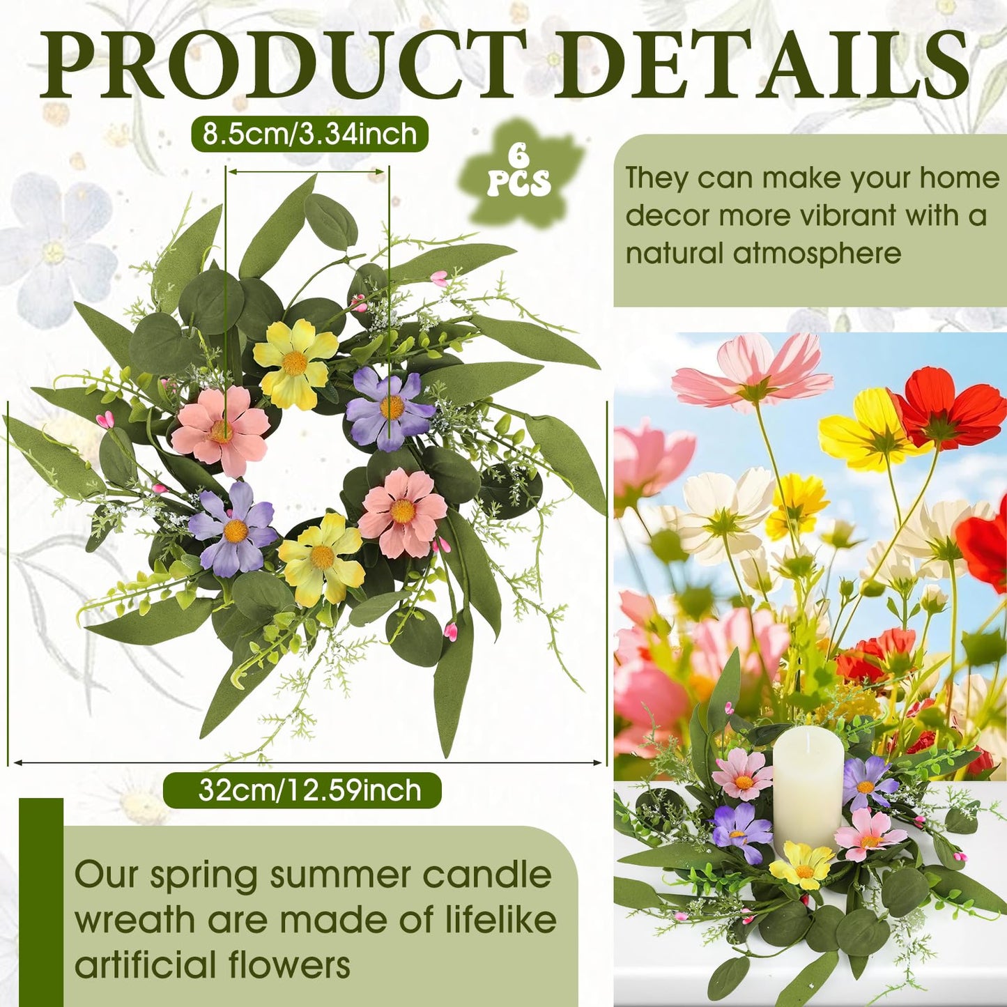 6 Pcs Small Spring Summer Candle Ring Wreaths Artificial Mini Pillar Candle Holder Wreath with Pink Purple Yellow Daisy Flowers and Eucalyptus Leaves for Home Kitchen Table Cnterpieces
