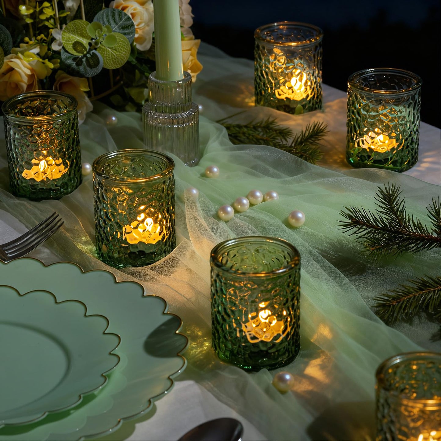 24-Piece Green Glass Votive Candle Holders Set – Tealight Candle Holder Glass Bulk with 12 Round & 12 Hammered Textured Cups, Green Votive Candle Holders for Weddings, Parties, Home