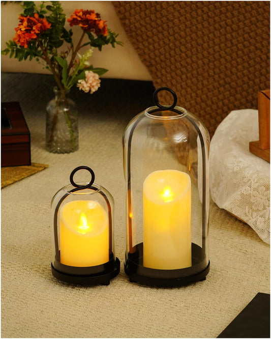 Looscentt Glass Hurricane Candle Holders for Pillar Candles, Set of 2 (5" & 4" Wide) with Lamp Shape Glass Dome & Brass Base for Farmhouse, Shabby Chic Vintage Decor (Matte Black)