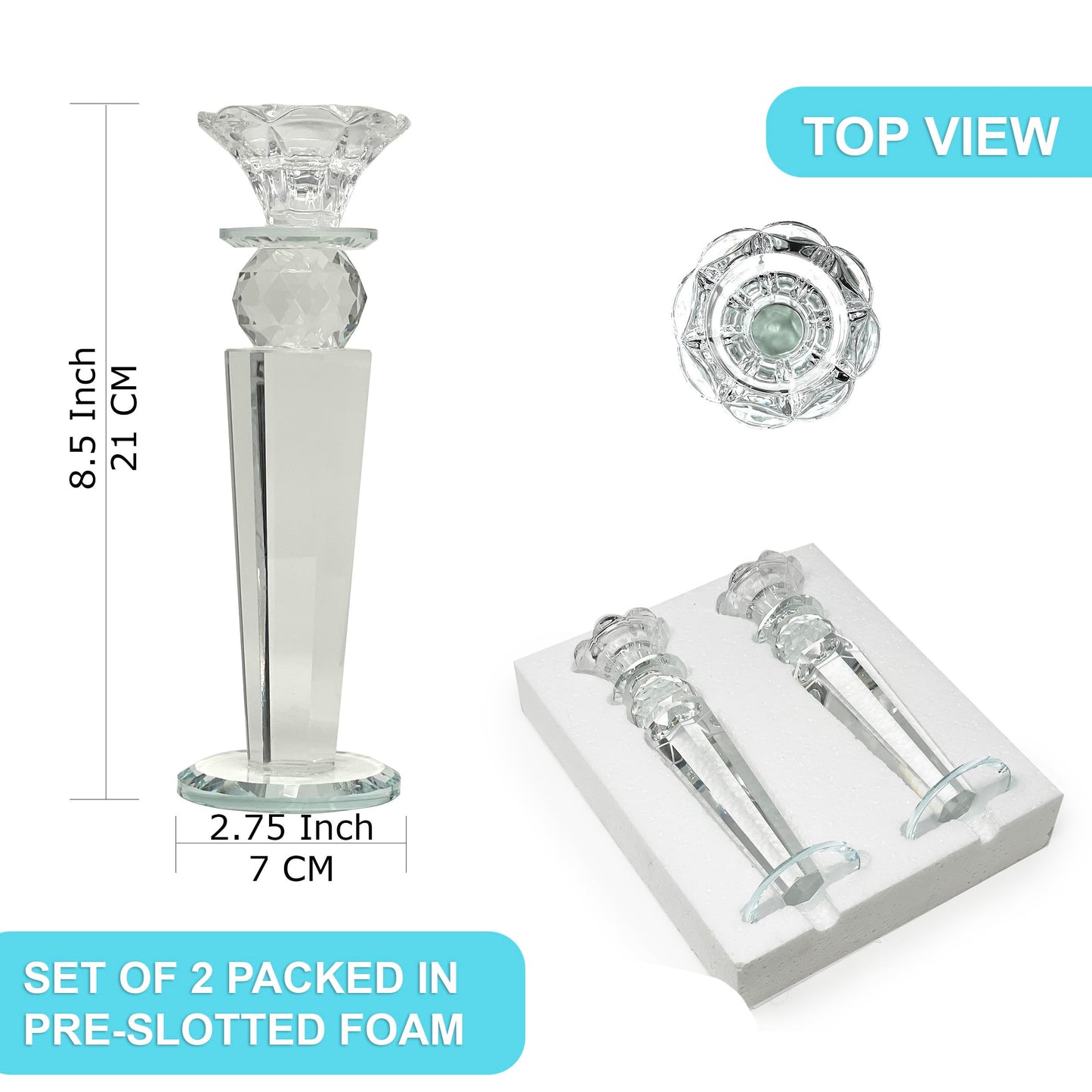 Allgala Set of 2 Crystal Glass Made Reverse Tapered Pillar and Hand Crafted Ball Candlesticks-8.5"-HD89151