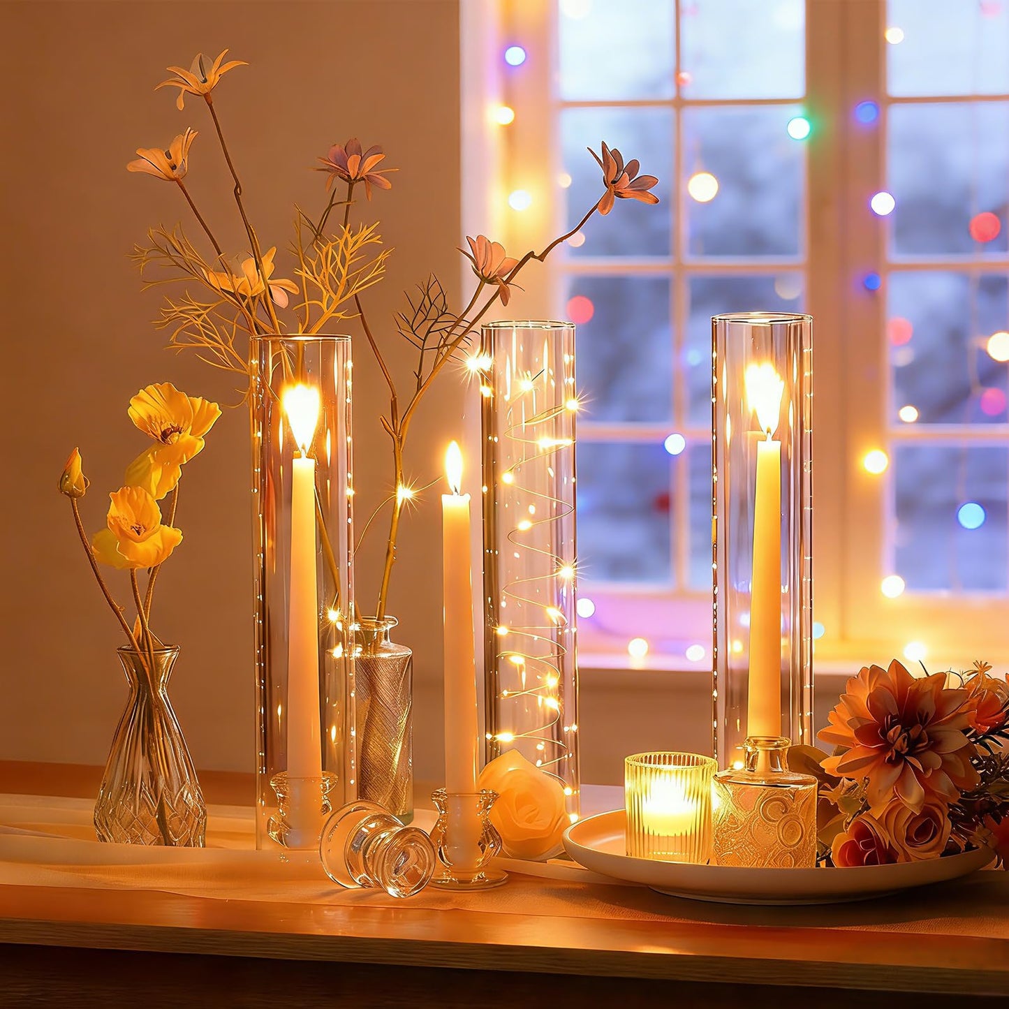 Hurricane Glass Candle Holders Set of 16, 11.8" H Clear Cylinder Windproof Candle Holder Chimney Tubes, Taper Glass Candlestick Holders for Home Decor Wedding Party Table Centerpieces