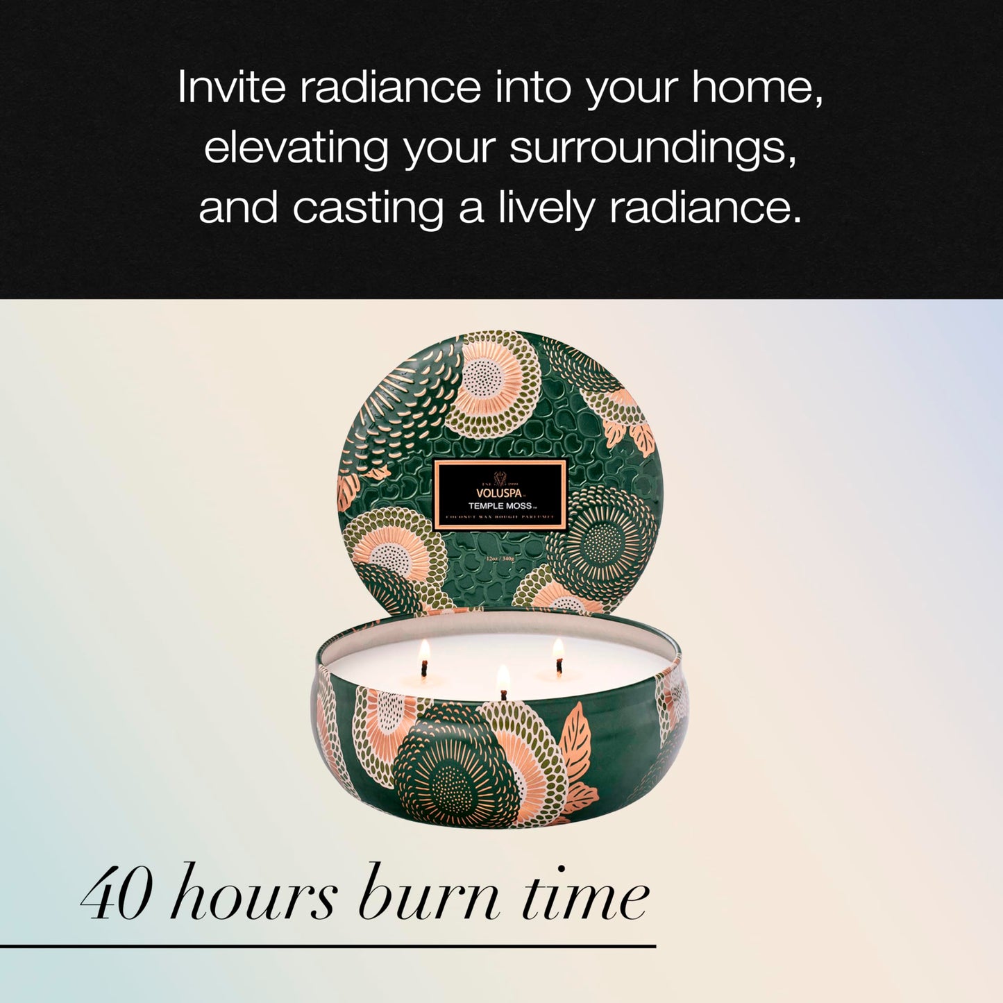 Voluspa Temple Moss, 3 Wick Tin Candle, 12oz, 40 Hour Burn Time, Coconut Wax Candle for The Home, Handcrafted in the USA
