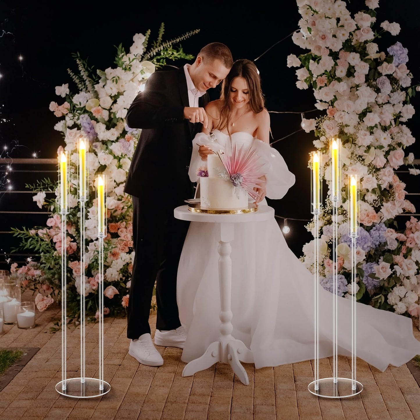 Havawish 6 Set Acrylic Candelabra Centerpieces 3 Arms with 18 LED Candles 42.5'' Floor Tall Candle Holders with Acrylic Shade Wedding Clear Table Candlesticks Stand Fit 0.8'' for Party