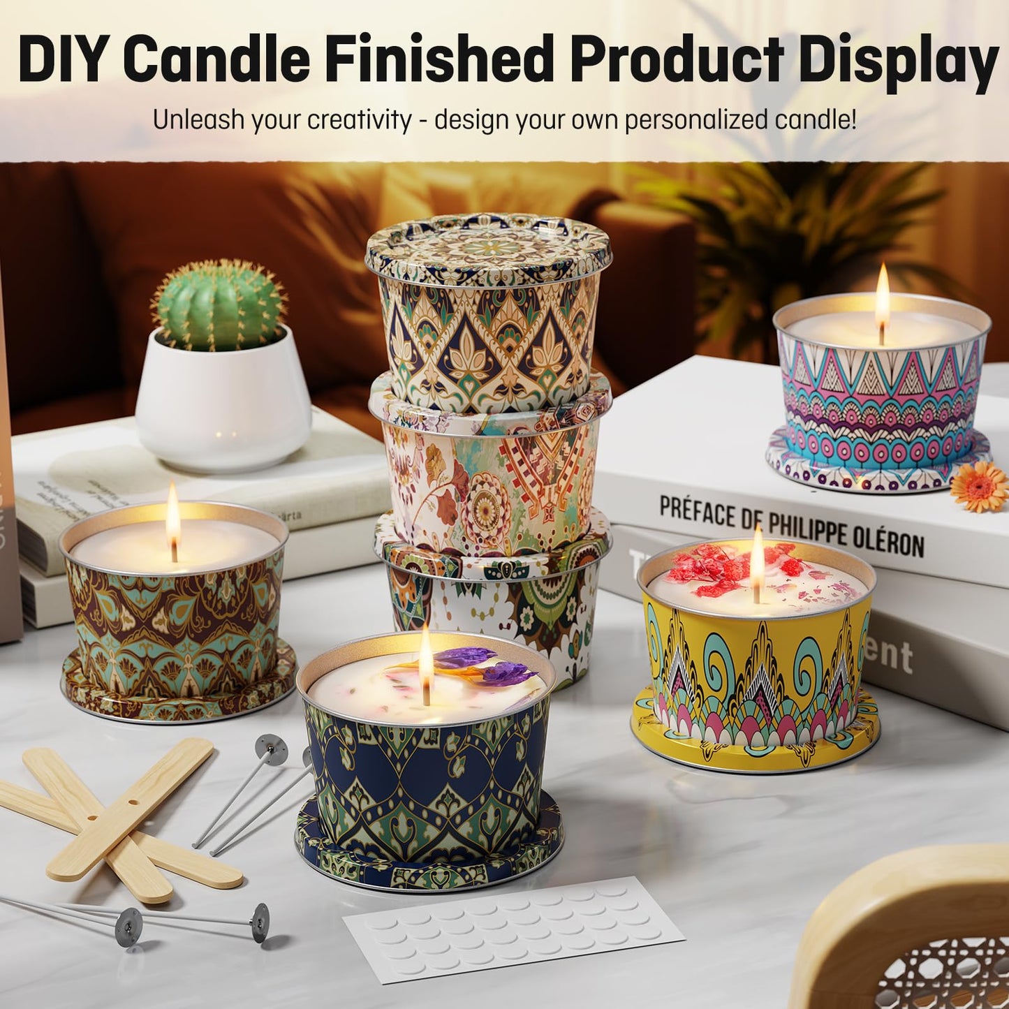 Nexuraze Empty Candle Tins for Making Candles with Lids, Tinplate Material, Warning Label Printed on Can Bottom (Colorful)