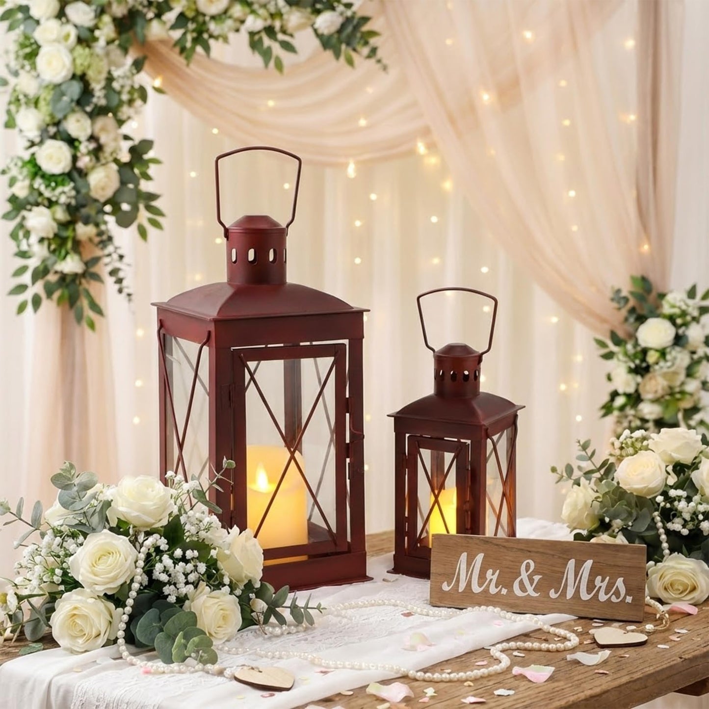 TRIROCKS Set of 2 Decorative Candle Lantern 14/10'' High Metal Candle Holder Hanging Lantern Perfect for Home Decor Patio Living Room Parties Events Tabletop Indoors Outdoors (Red)