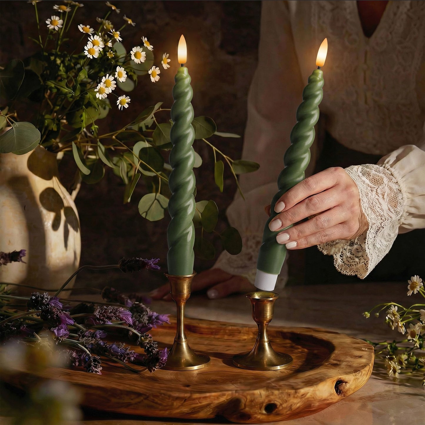 West Ivory Full Twisted Spiral Flameless LED Taper Candles – Loden Green, Set of 2 – 2/4/6/8-Hr Timer (24-Hr Memory), Remote, Dimmable, Bottom On/Off Button, Flicker/Steady, Battery Operated