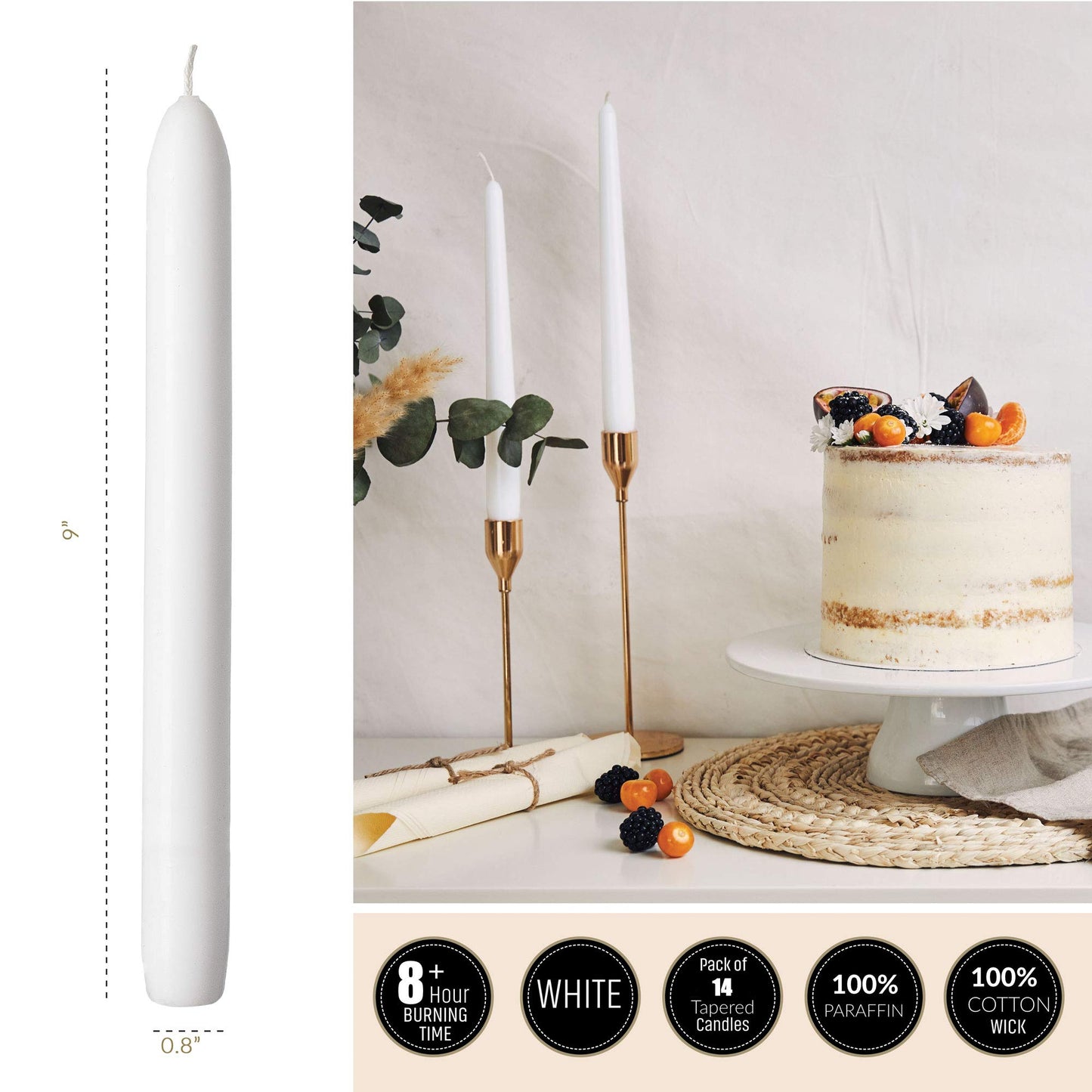SPAAS Unscented White Candle Sticks - 14 Pack Dripless Tapered 9" Tall Candles - 8 Hour Burning Premium Candlesticks for Home Decoration, Wedding, Holiday and Parties