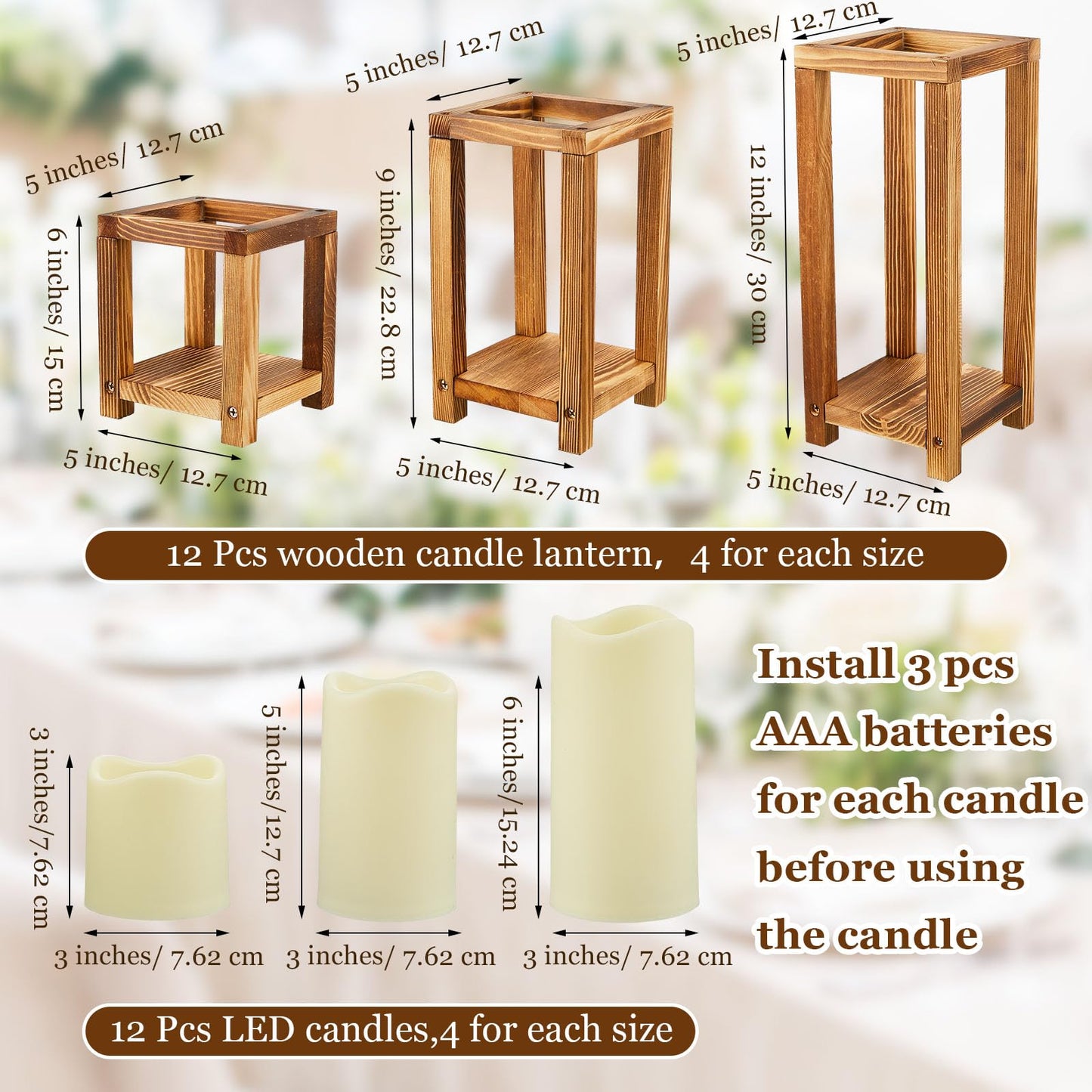 24 Pcs Wooden Candle Lantern Include 12 Wedding Lantern Centerpiece 12 Flameless Decorative Candles Holders Wedding Centerpieces for Tables Party Decor(Brown)