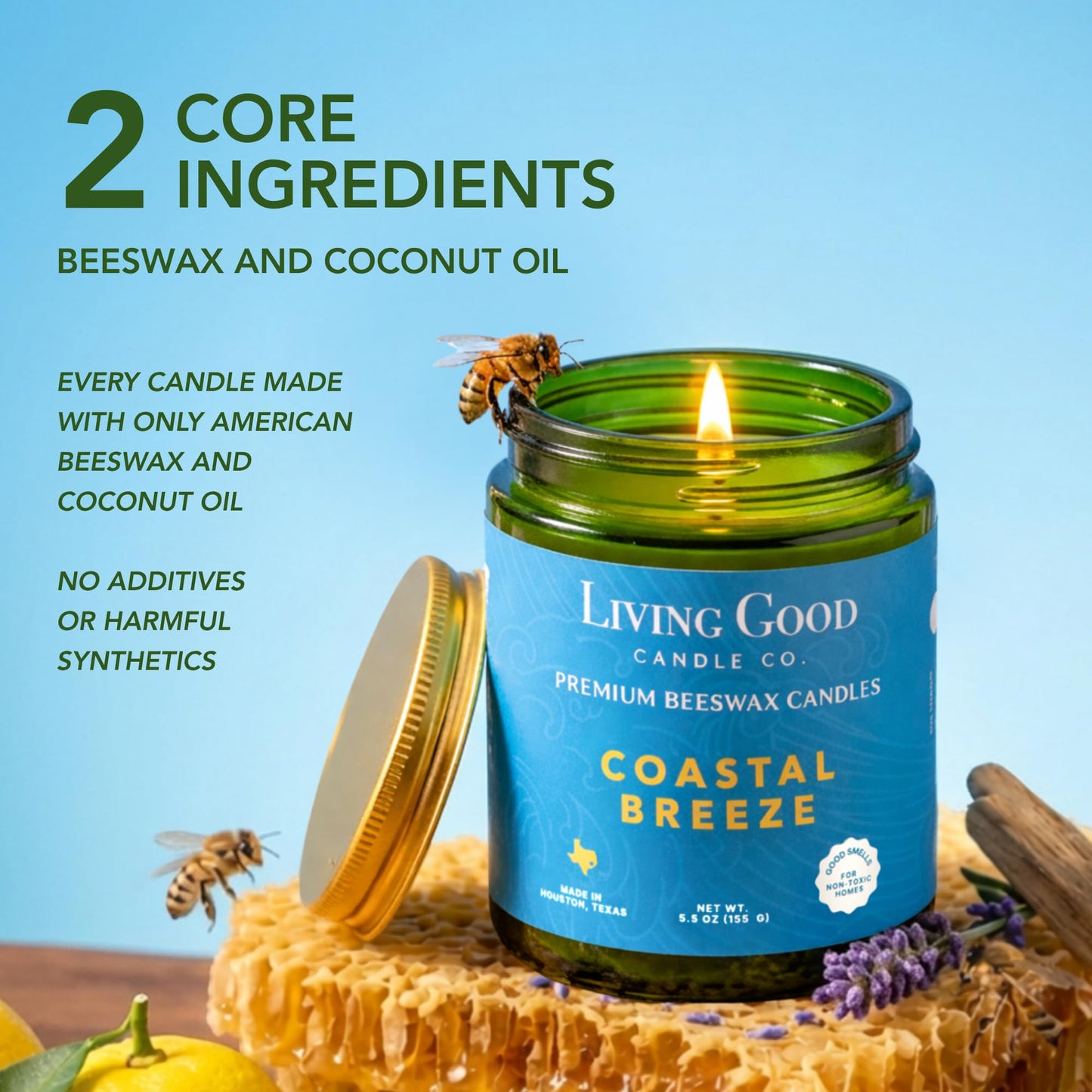 Coastal Breeze – Yuzu & Sea Salt Beeswax Candle, Non Toxic Scented Candle, Clean Burning Ocean & Beach Candle, Fresh Airy Summer Candle for Home, Gift for Women & Men - 5.5 OZ