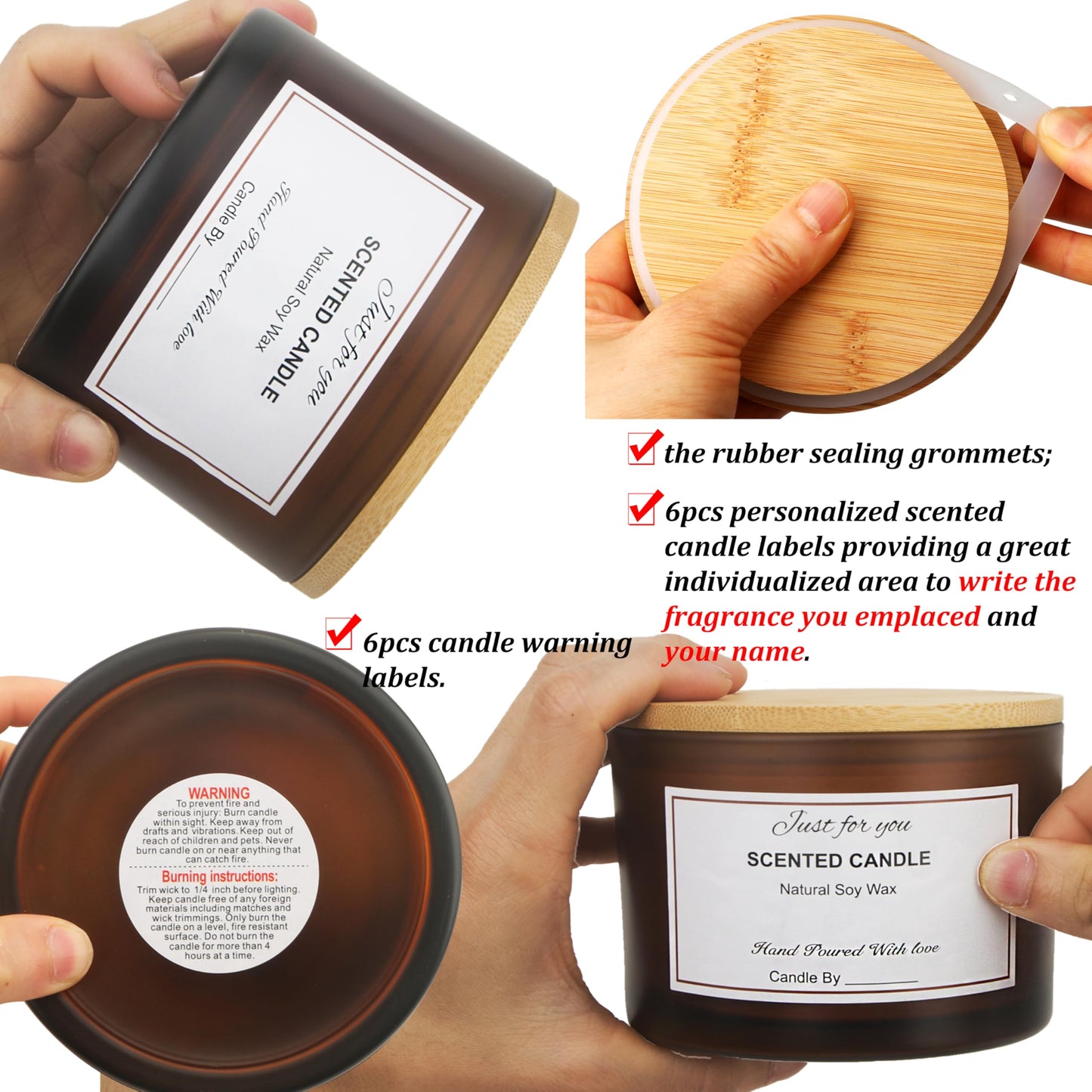 MILIVIXAY 6 Pack 16 oz Candle Jars with Bamboo Lids and Candle Making Kits - 3 Wick Candle Jar,Bulk Empty Frosted Amber Thick Glass Jars for Making Large Candles - Spice, Powder Containers.