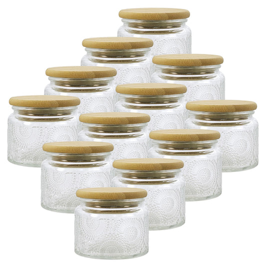 LINGSHINE 4 oz Mini Glass Jars with Airtight Bamboo Lids 12 pack, Decorative Small Food Storage Canister, Vintage Embossed Home Décor Candle Parties Wedding Baby Shower Favors Gift