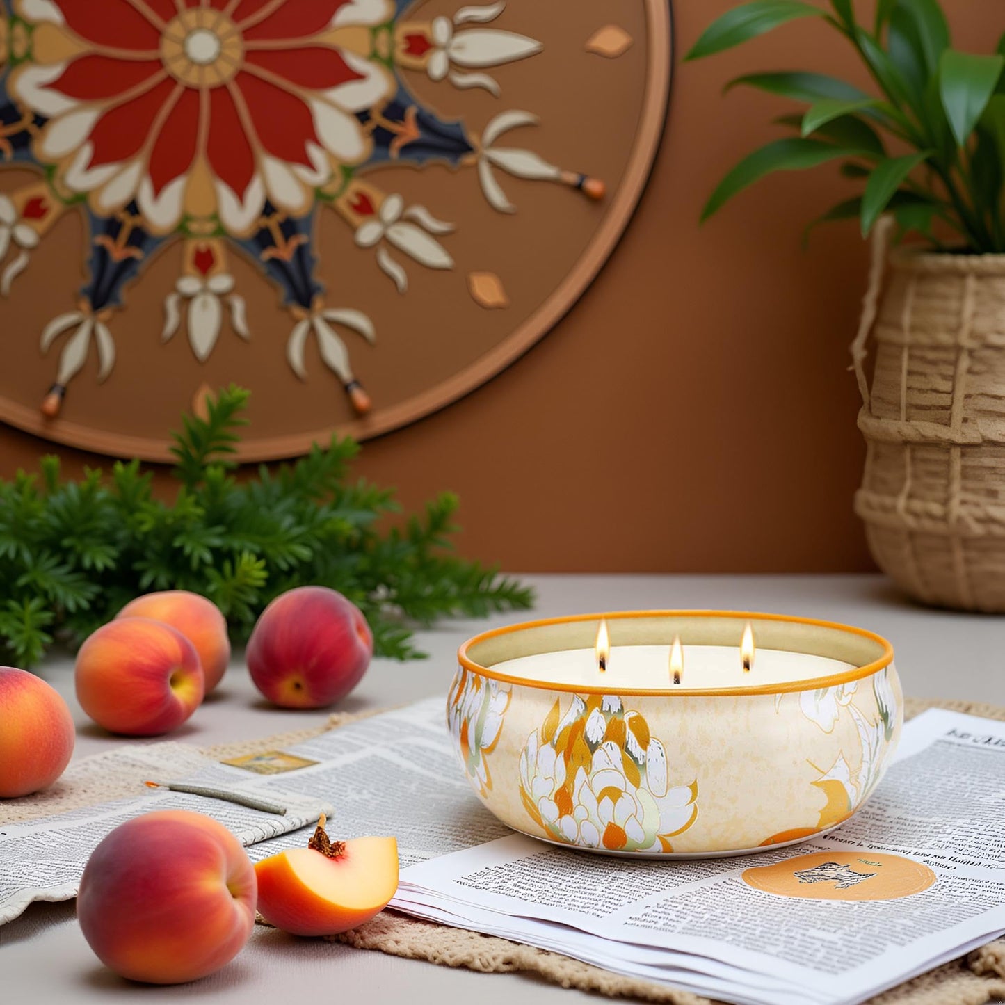 M&SENSE Peach Scented Candles 12oz 40 Hour Long Lasting, 3 Wick Soy Candles for Home Scented, Travel Tin Natural Highly Scented Candle Gift for Women Men