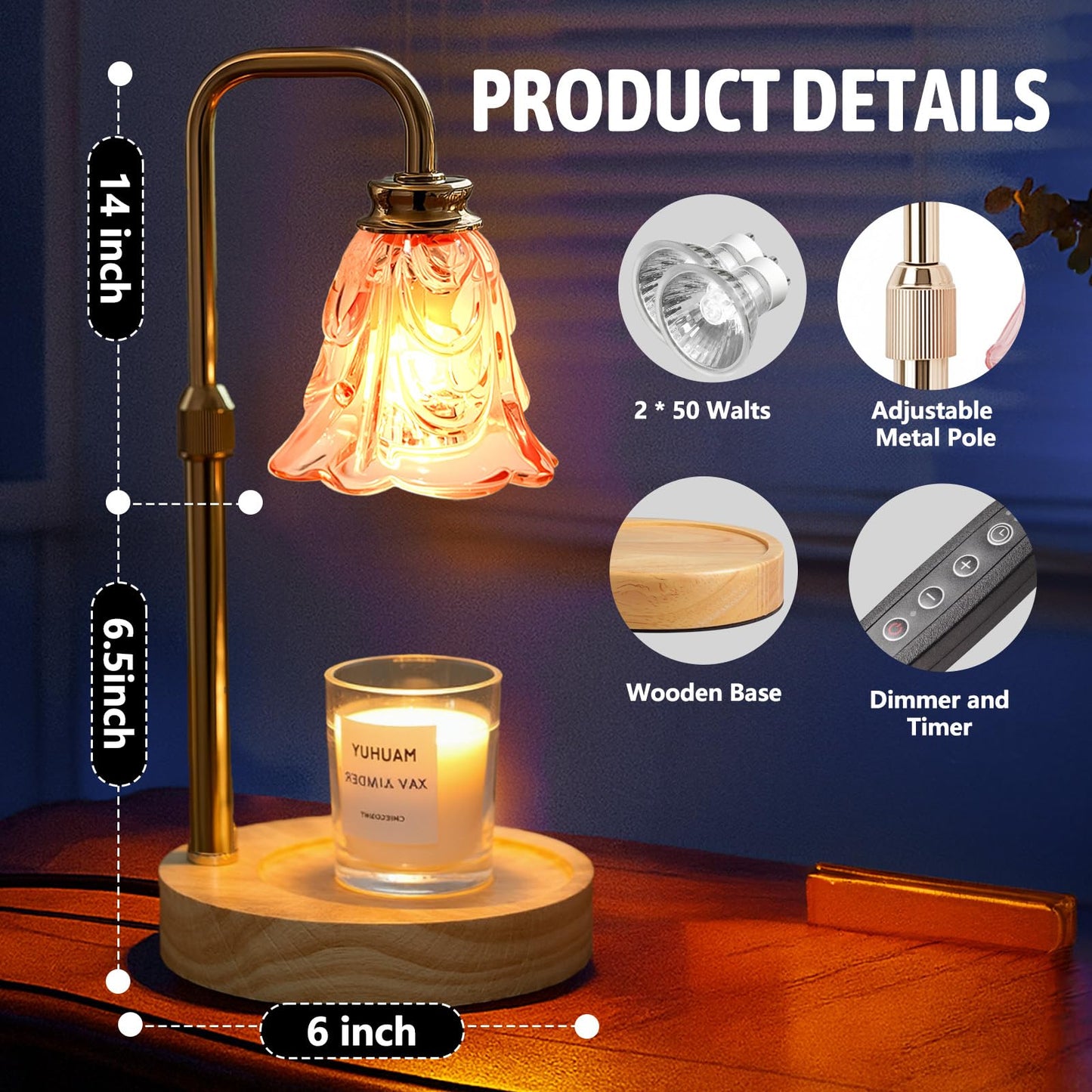 Droyek Candle Warmer Lamp with Timer Electric Adjustable Height Candle Warmer Dimmable Wax Warmer Lamp Jar Candles with 2 Bulbs for Home Decor & Office