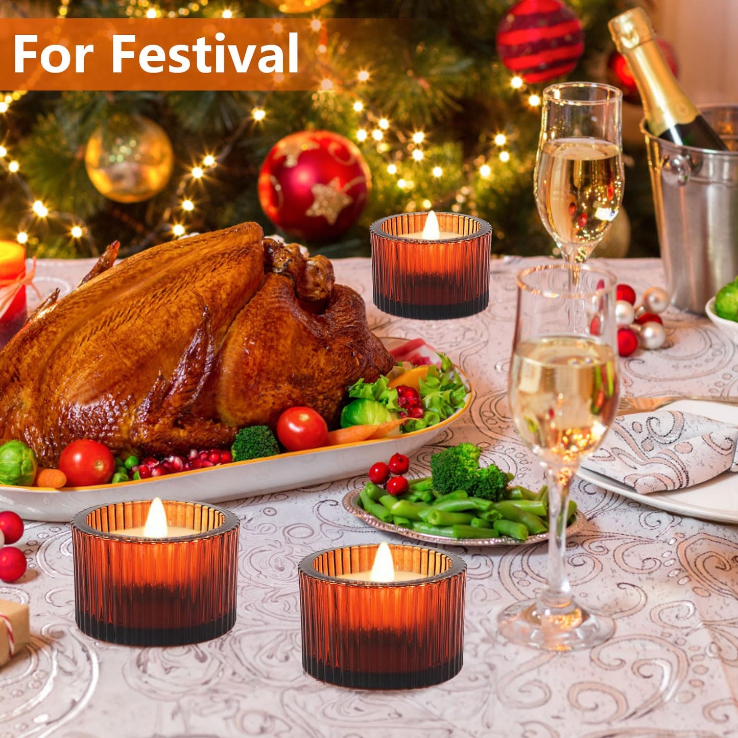 JOYIT Amber Votive Candle Holders Bulk Set of 4, Tealight Candle Holder for Wedding Table Centerpiece, Glass Small Candle Holders for Birthday Party, Valentine's Day, Home Decor (2''X 1.4'')