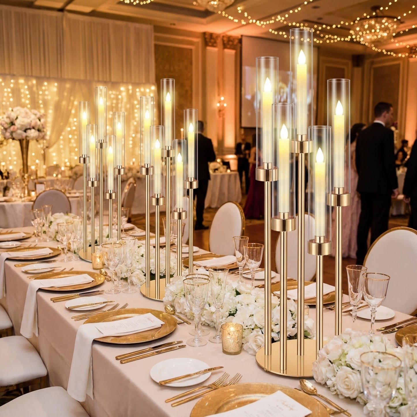 Tandefio 8 Set Gold Candelabra Centerpieces for Tables, 26.8 Inch 5 Arm Candle Holders with LED Candles and Acrylic Cylinders, Tall Acrylic Wedding Table Centerpieces for Reception Dinner Party Decor