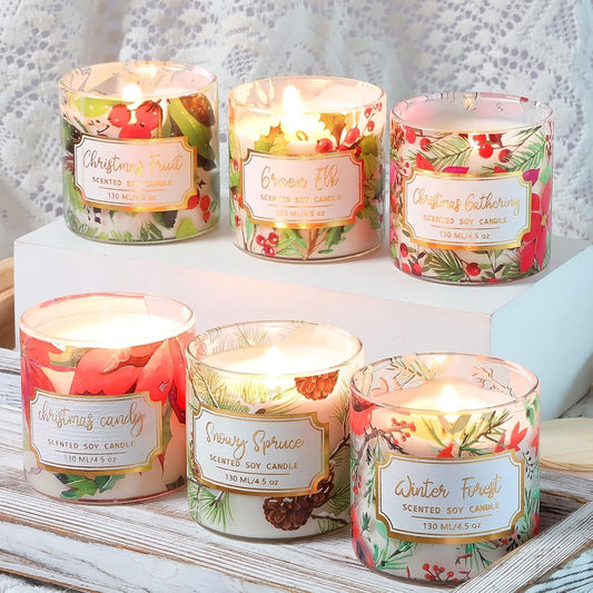FLAVCHARM 6 Pack Christmas Scented Candles with Lid Soy Wax Strong Fragrance Different Scent Clean Burn Long Time Aromatherapy Glass Jar Candles for Home Scented Xmas Theme Decorations Gift Set