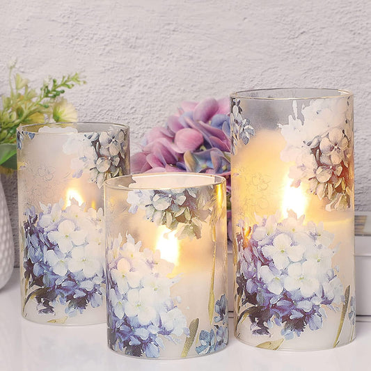 FLAVCHARM Floral Flameless Candles Decorative Battery Operated with Remote Hydrangea Flowers Romantic Lovers Flickering Pillar Candles for Wedding Tray Centerpiece Home Decor
