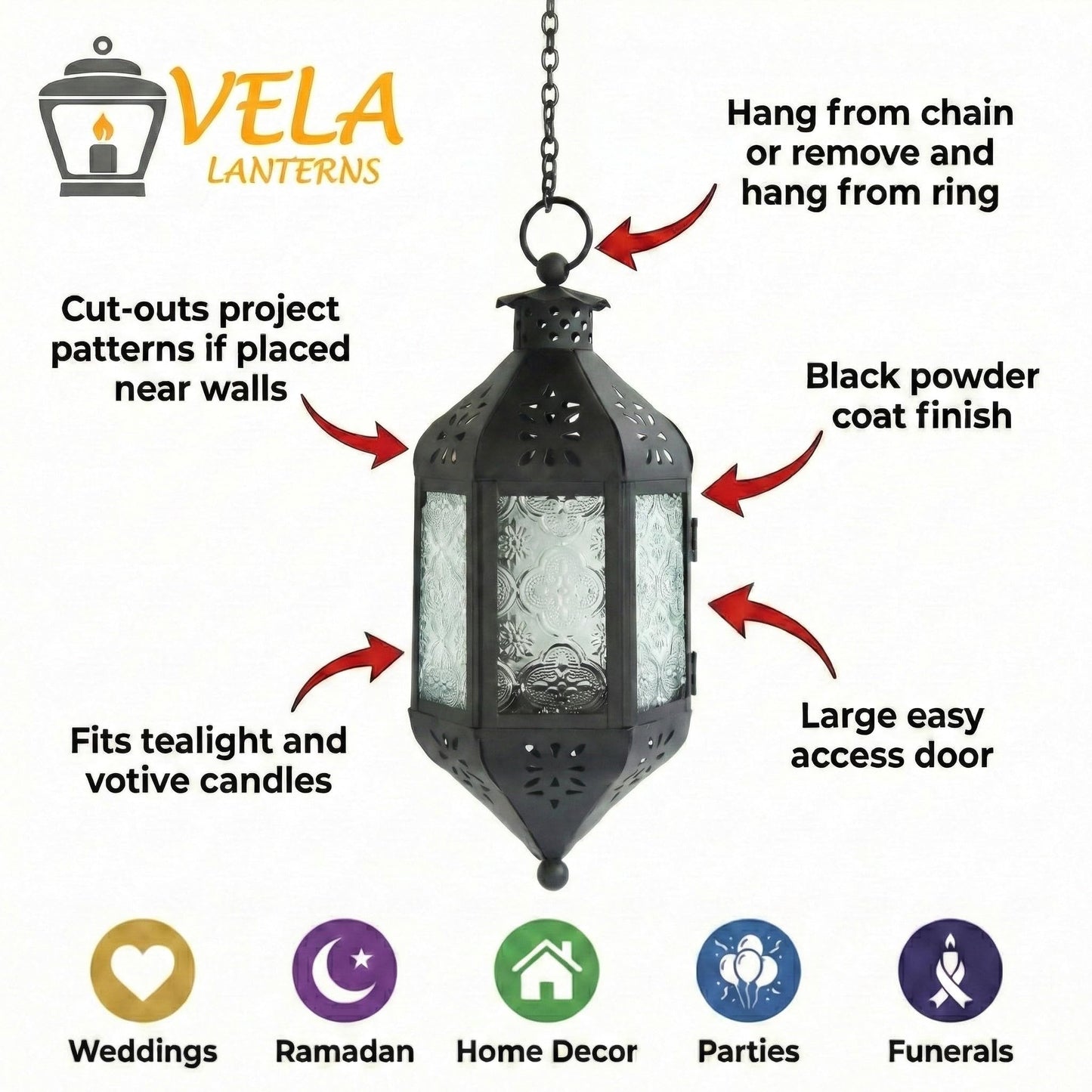 Vela Lanterns Hanging Moroccan Lamp - Exotic Decorative Patio & Porch Decor, Indoor Outdoor Tea Light Candle Lantern Holder with Chain (11" Medium, Clear Glass, 2-Pack)