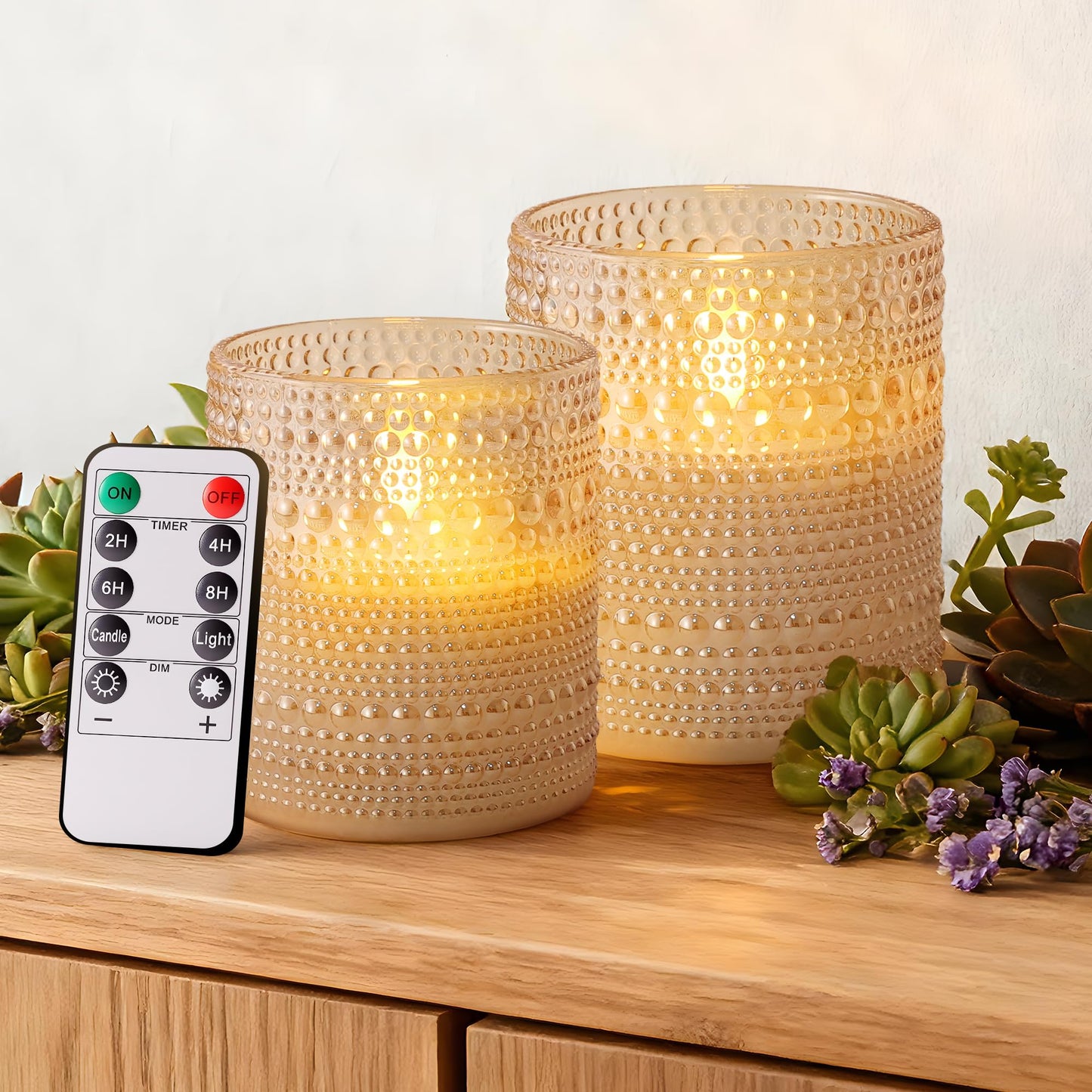 Velsyn Dotted Glass Flameless Candles with Remote Timer, Real Wax Battery Operated LED Pillar Candles with 3D Flickering Flame for Festival Wedding Home Party Decor, 3" x 4", 4" x 5", Set of 2 (Gold)