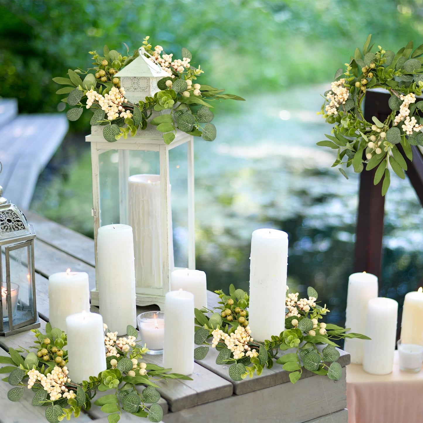 4 Pcs Green Eucalyptus Candle Rings Wreaths Spring Summer Kitchen Cabinet Wreaths Mini Green Berry Leaves Candle Wreath for Pillars Farmhouse Festival Wedding Celebrations Tabletop Decoration