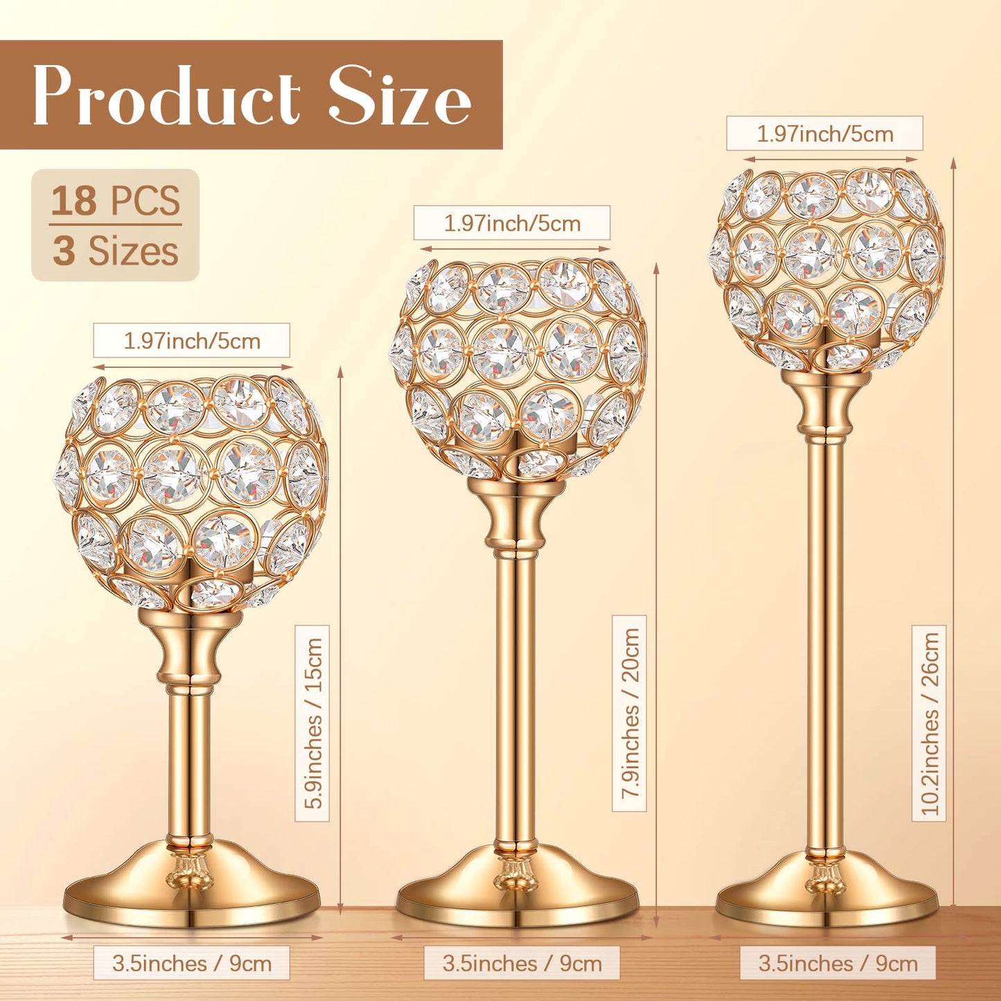 Qunclay 18 Pieces Crystal Candle Holders Bulk Candle Stick Holder Centerpieces for Table Wedding Centerpieces Crystal Decorative Tealight Dining Table Decor for Party(Gold)