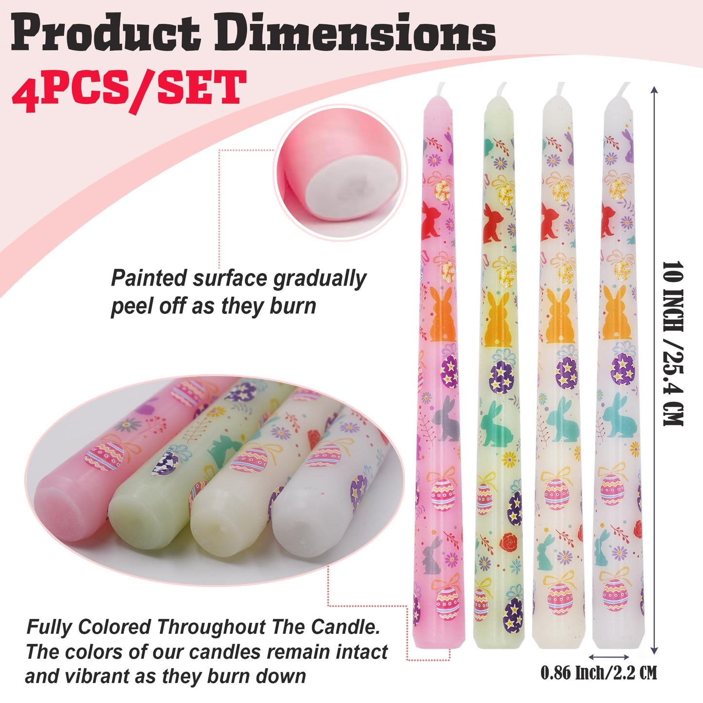 FYBW 4 Pack Easter Printed Taper Candles, 10" Long Decorative Candles with Spring Bunny & Egg Design Decorative Candles for Easter Table & Home Decor