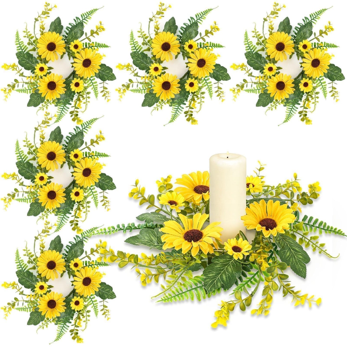 6Pcs Sunflower Wreath for Front Door Artificial Sunflower Spring Summer Table Centerpieces Wreath Fake Yellow Floral Candle Rings Wreaths for Pillars Cabinets Wedding Table Home Décor