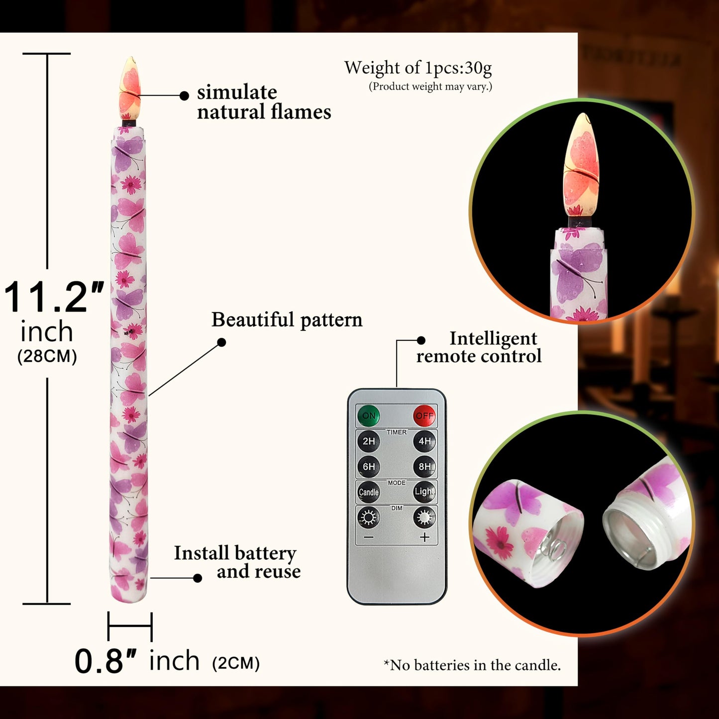 FCMSHAMD 6PCS Pink Butterfly Flameless Taper Candles, 11 Inch LED Candlesticks Battery Operated with 11-Key Remote and Timer, 3D Flickering Flame Lights for Wedding Party Home Decor Gifts