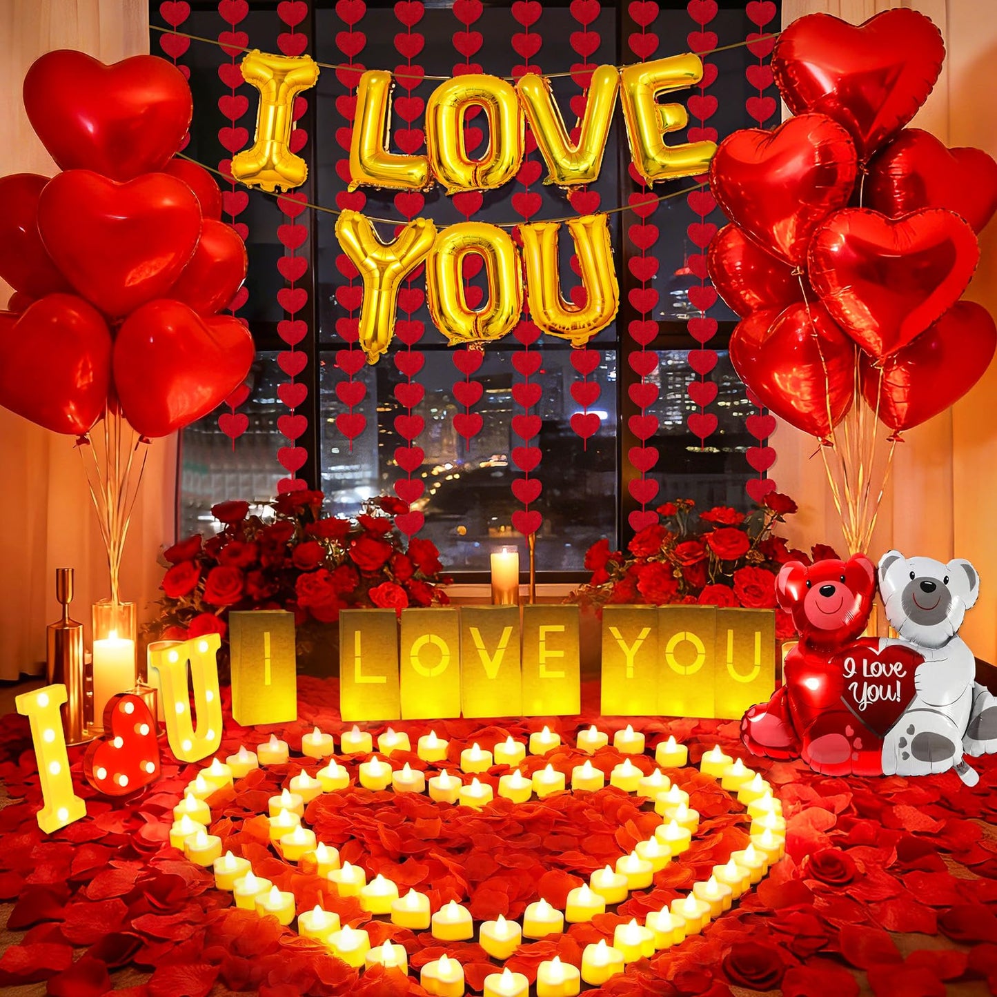 6000+PCS Rose Petals and Candles Set for Romantic Decorations Special Night - I Love You Letters Balloon and 8 Luminary Bags 6000 Rose Petals 48 Heart Candles for Anniversary Valentines Day Proposal