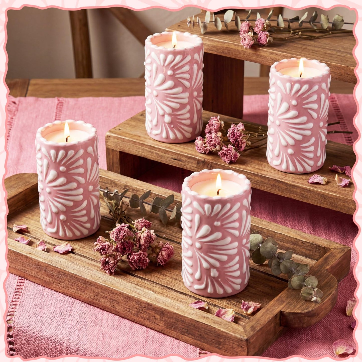 Lounsweer 4 Set Cielito Lindo Party Decorations Mexican Tequila Candle Talavera Mugs Candle for Fiesta Cinco De Mayo Birthday Bridal Shower Bachelorette May 5th Party Home Decor(Pink)